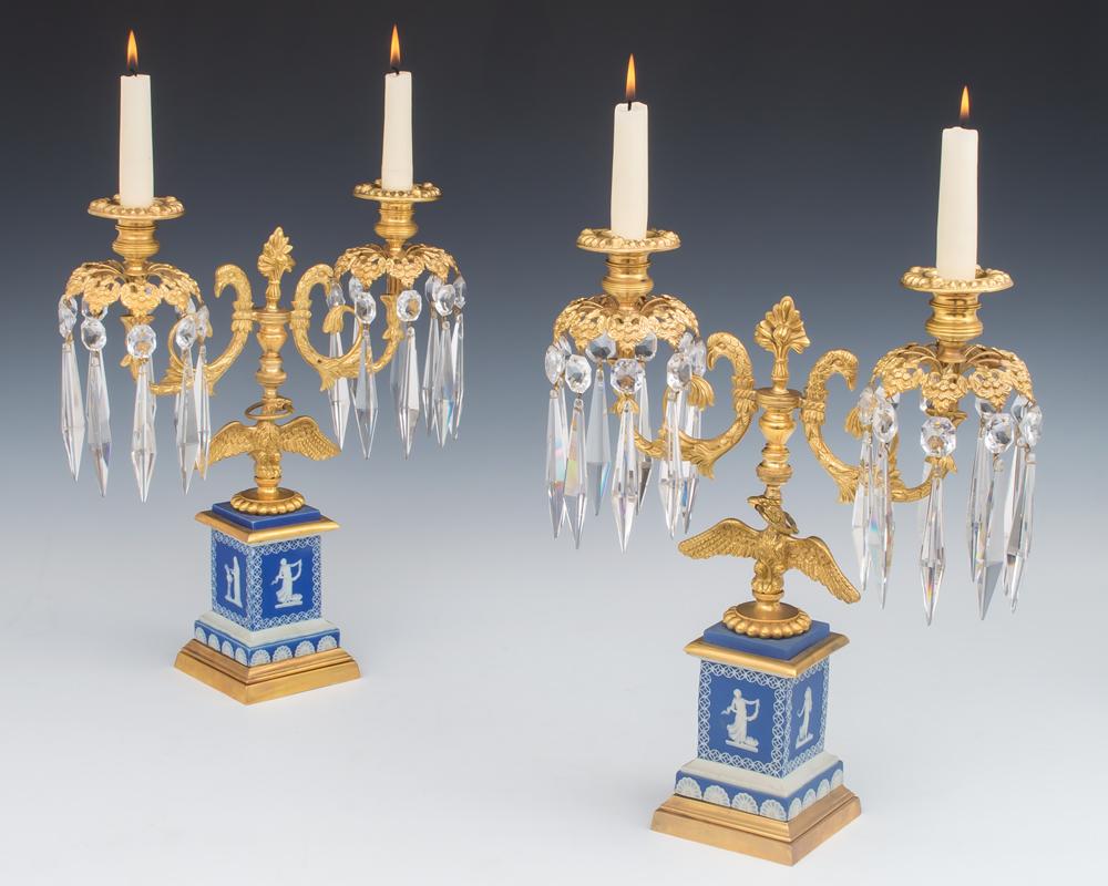 British Fine Pair of English Regency Period Candelabra on Blue Wedgwood Bases For Sale