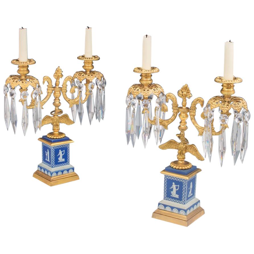Fine Pair of English Regency Period Candelabra on Blue Wedgwood Bases For Sale