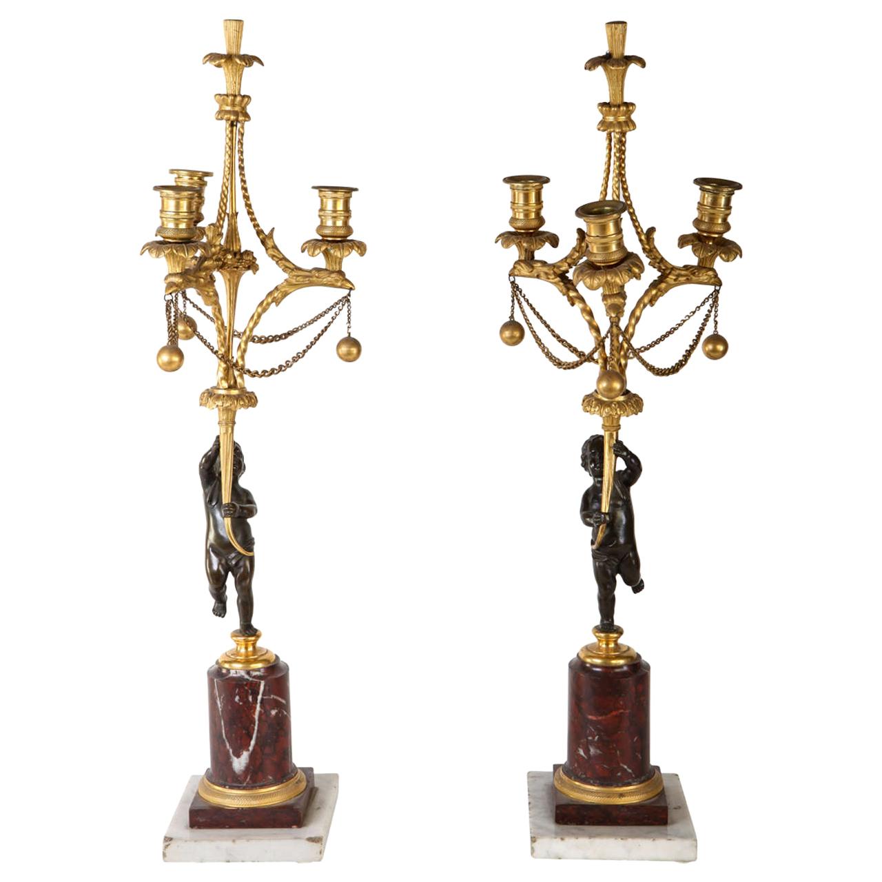 Fine Pair of French 18th Century Bronze and Gilt Bronze Candelabra For Sale