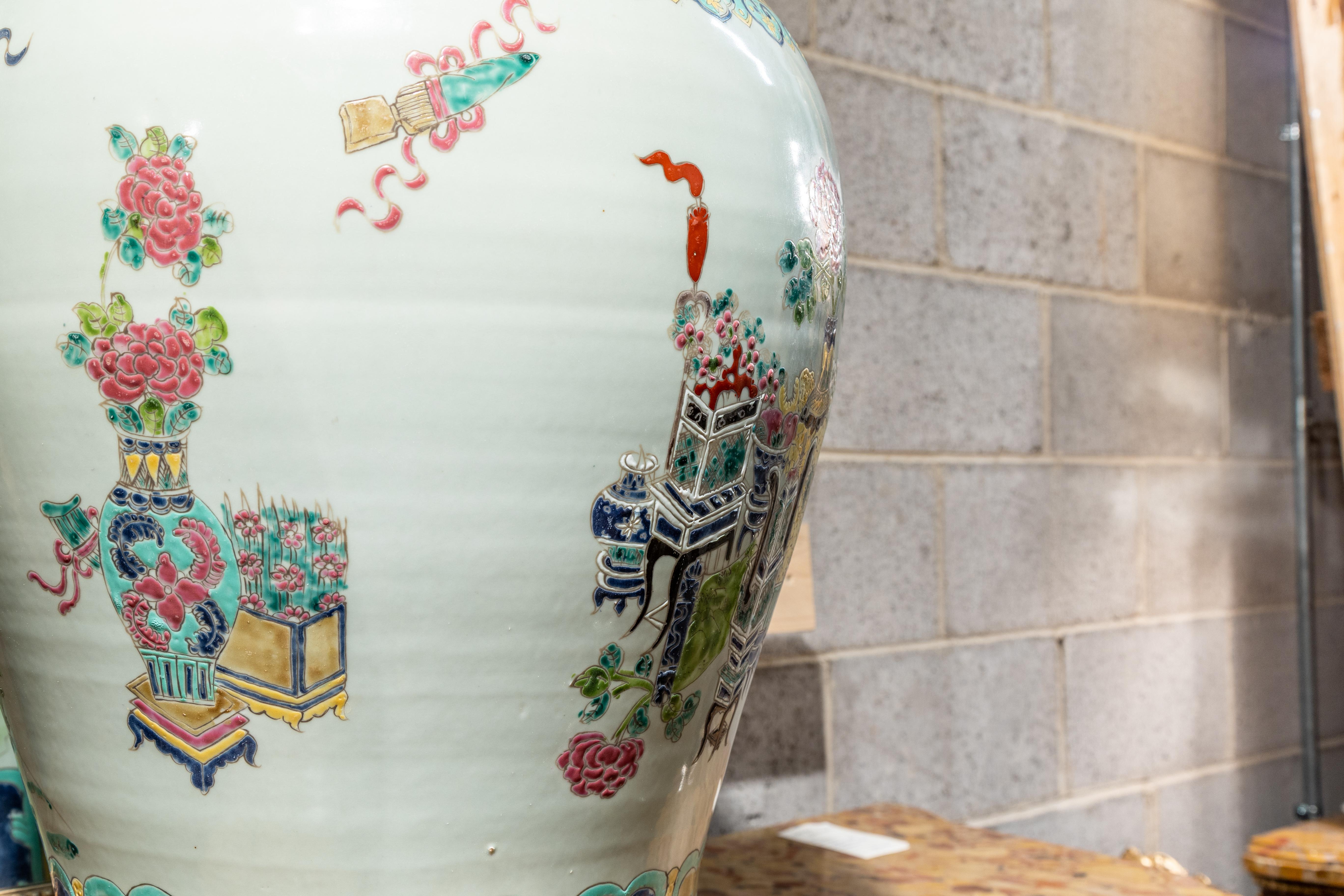 A fine pair of 19th century Chinese Famille Verte porcelain hand painted large vases.