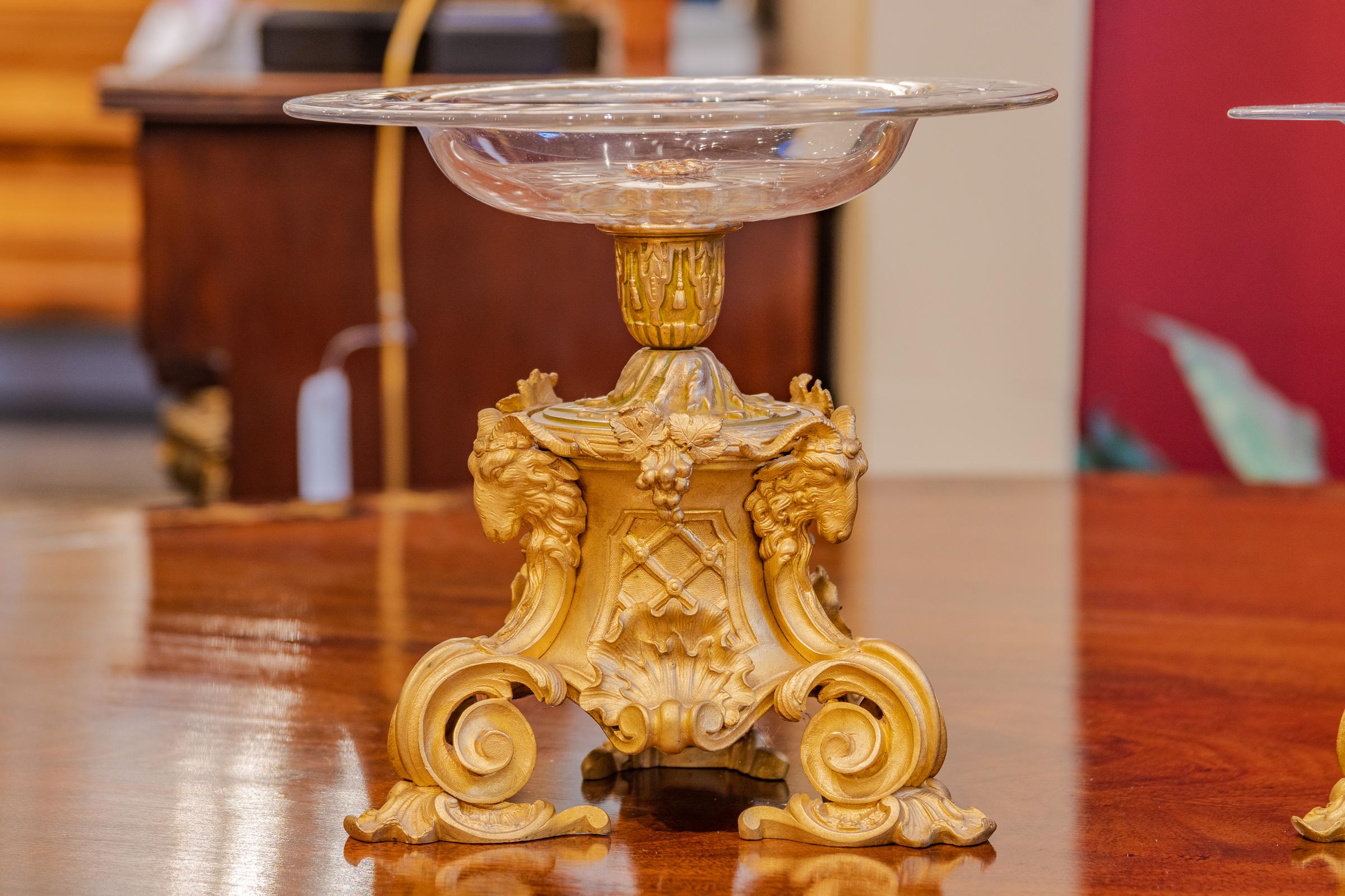 A beautiful pair of French 19th century gilt bronze and crystal candy dishes.