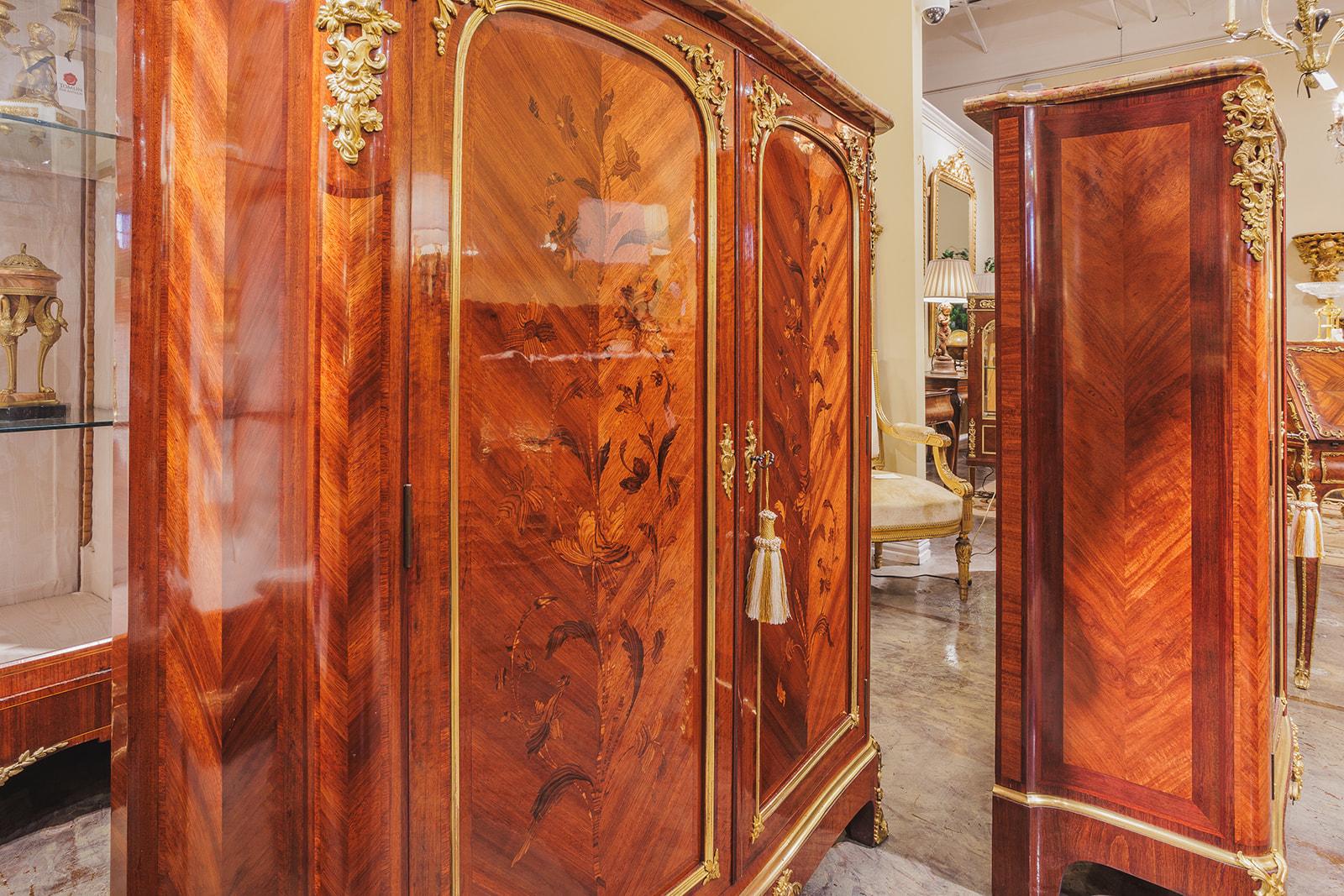 A very fine pair of 19th century French Louis XV mahogany and gilt bronze mounted cabinets by G. Durand. Stamped in the wood . Original Breche De Alep marble tops. The interior zebra wood . The exterior with marquetry satinwood and tulipwood inlay. 