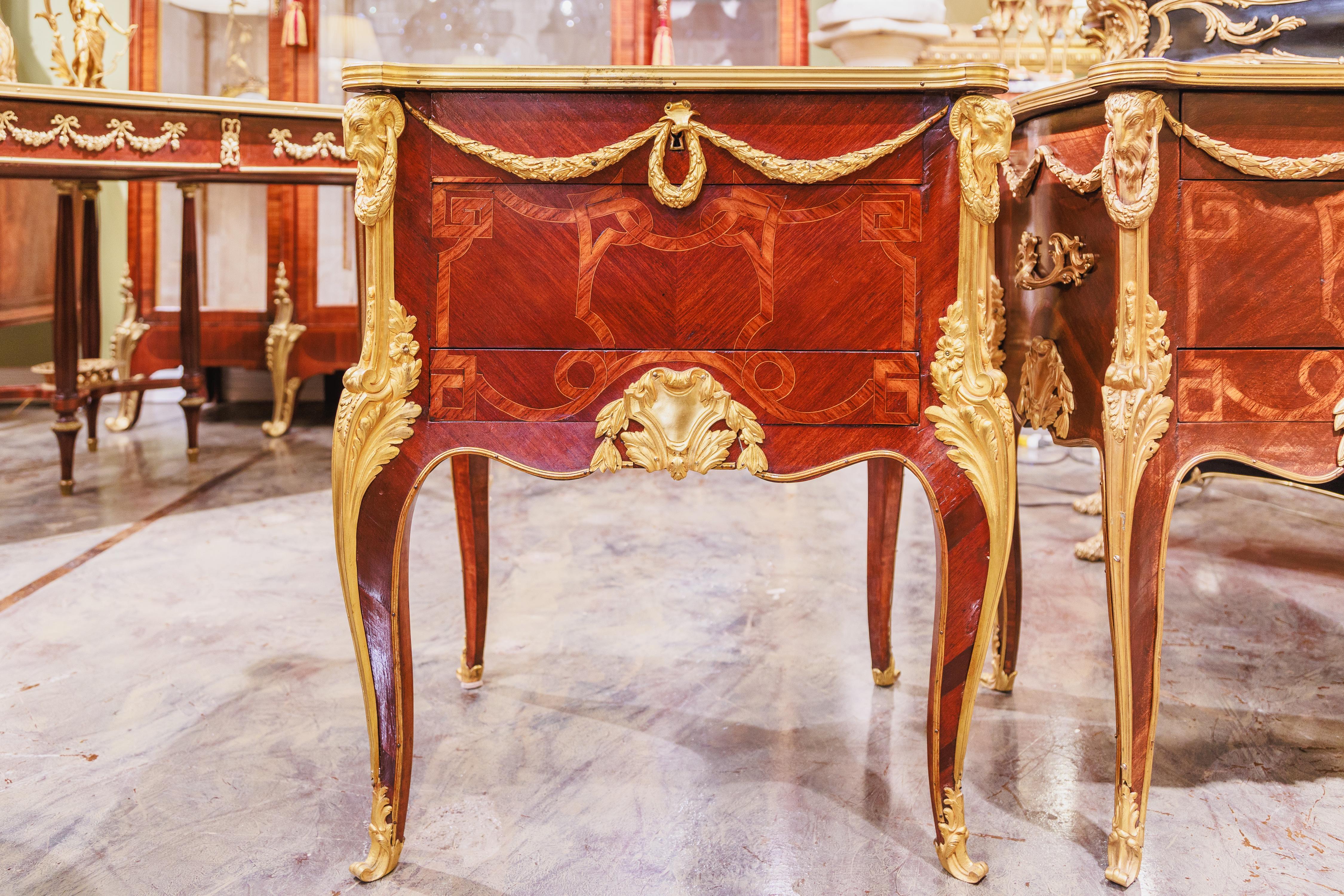 A very fine pair of late 19th century French Louis XVI mahogany nightstand commodes signed Francois Linke. Very fine gilt bronze details with marquetry designed tops . Several drawers and compartments 
