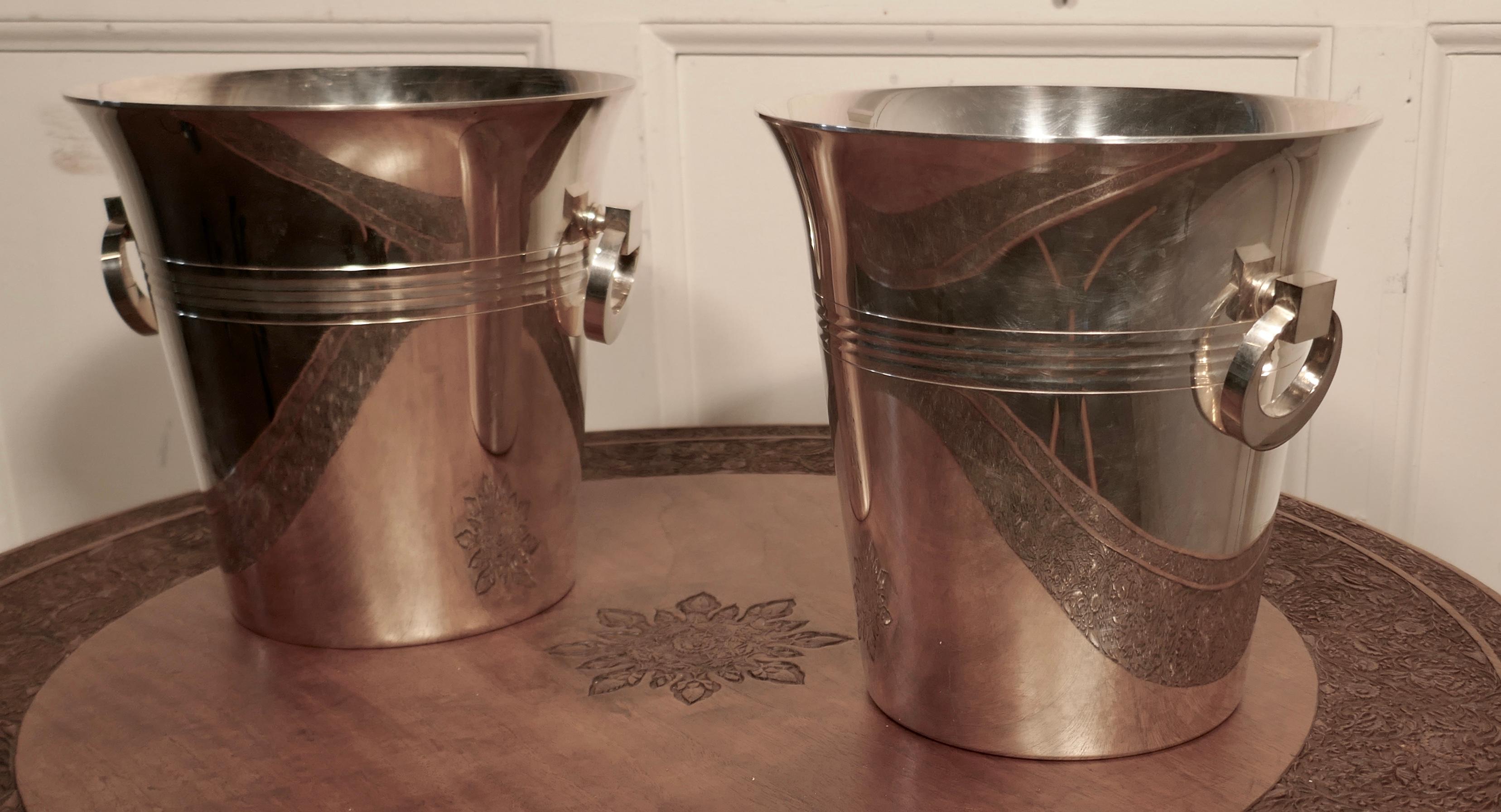 Silver Plate Fine Pair of French Art Deco Style Wine Coolers, Champaign Ice Buckets