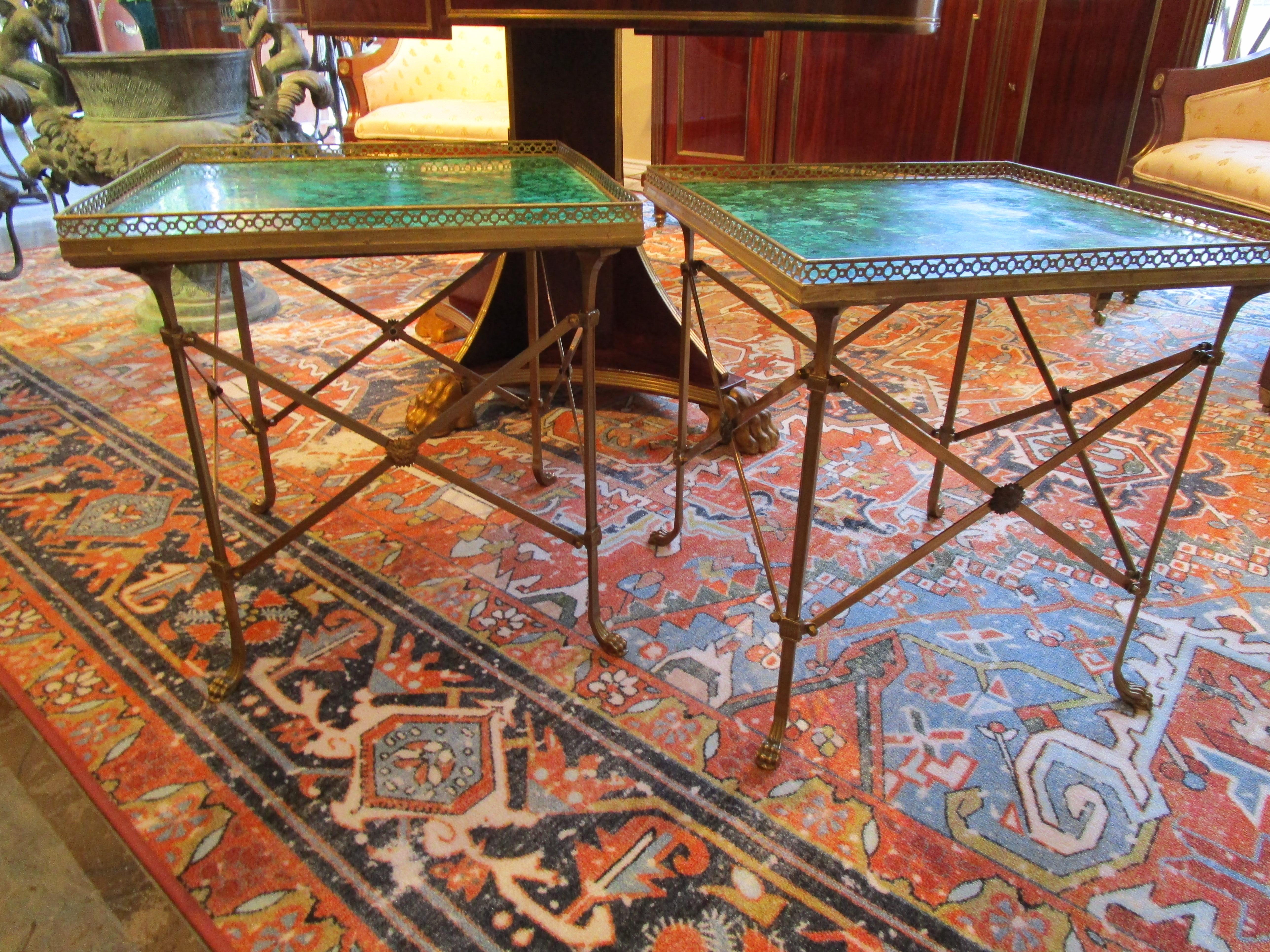 Fine Pair of French Bronze and Malachite Directoire Gueridons Mid 20th Century For Sale 7