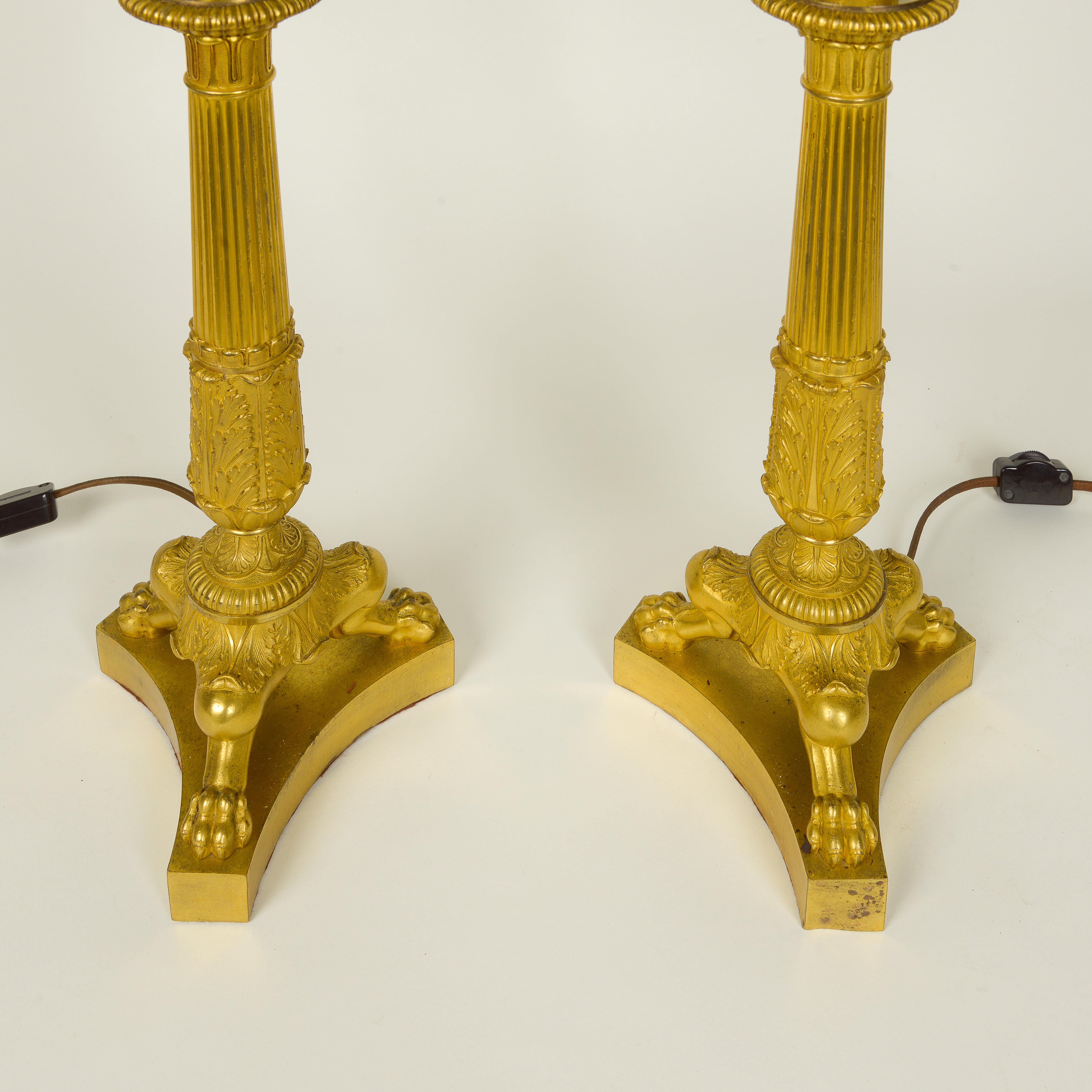 Fine Pair of French Charles X Gilt Bronze Candelabra Mounted as Lamps For Sale 4