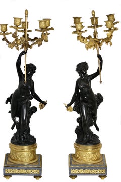 Fine Pair of French Gilt and Patinated-Bronze and Marble Candelabra