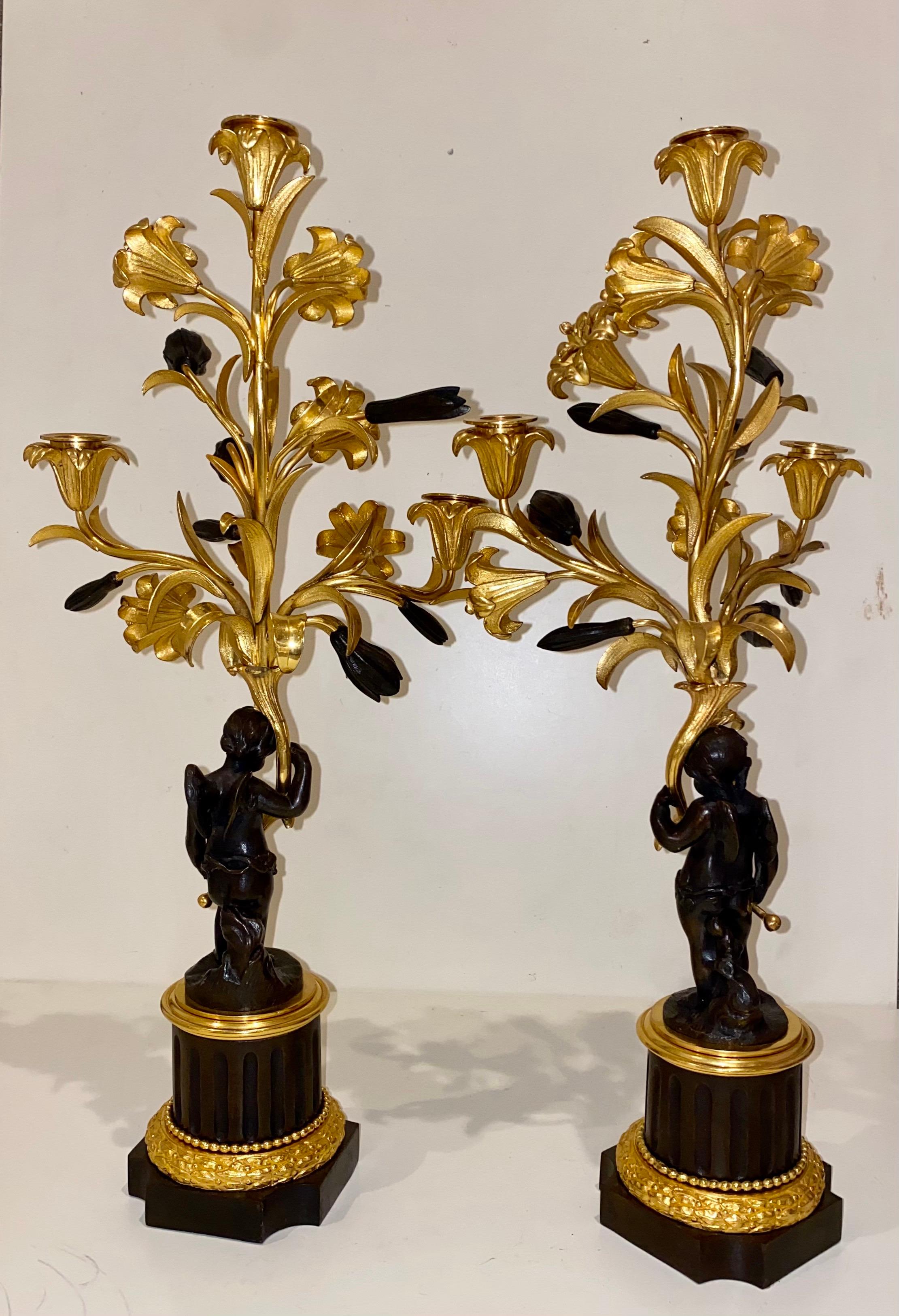 Fine Pair of French Gilt & Patinated Bronze Ormolu 3 Light Candelabra For Sale 2