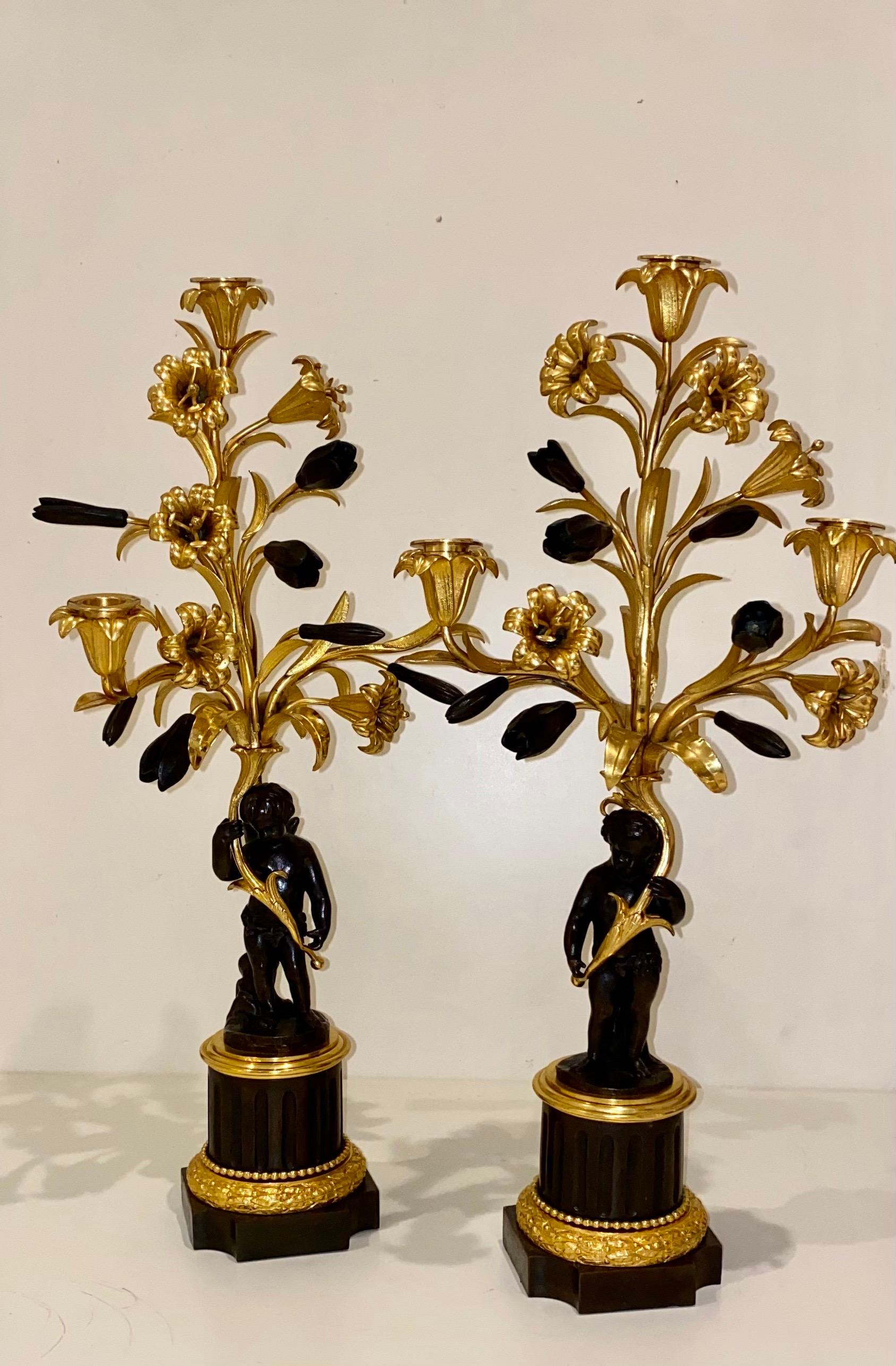 Zwei französische 3-Licht-Kandelaber aus vergoldeter und patinierter Bronze und Goldbronze, Paar im Angebot 2
