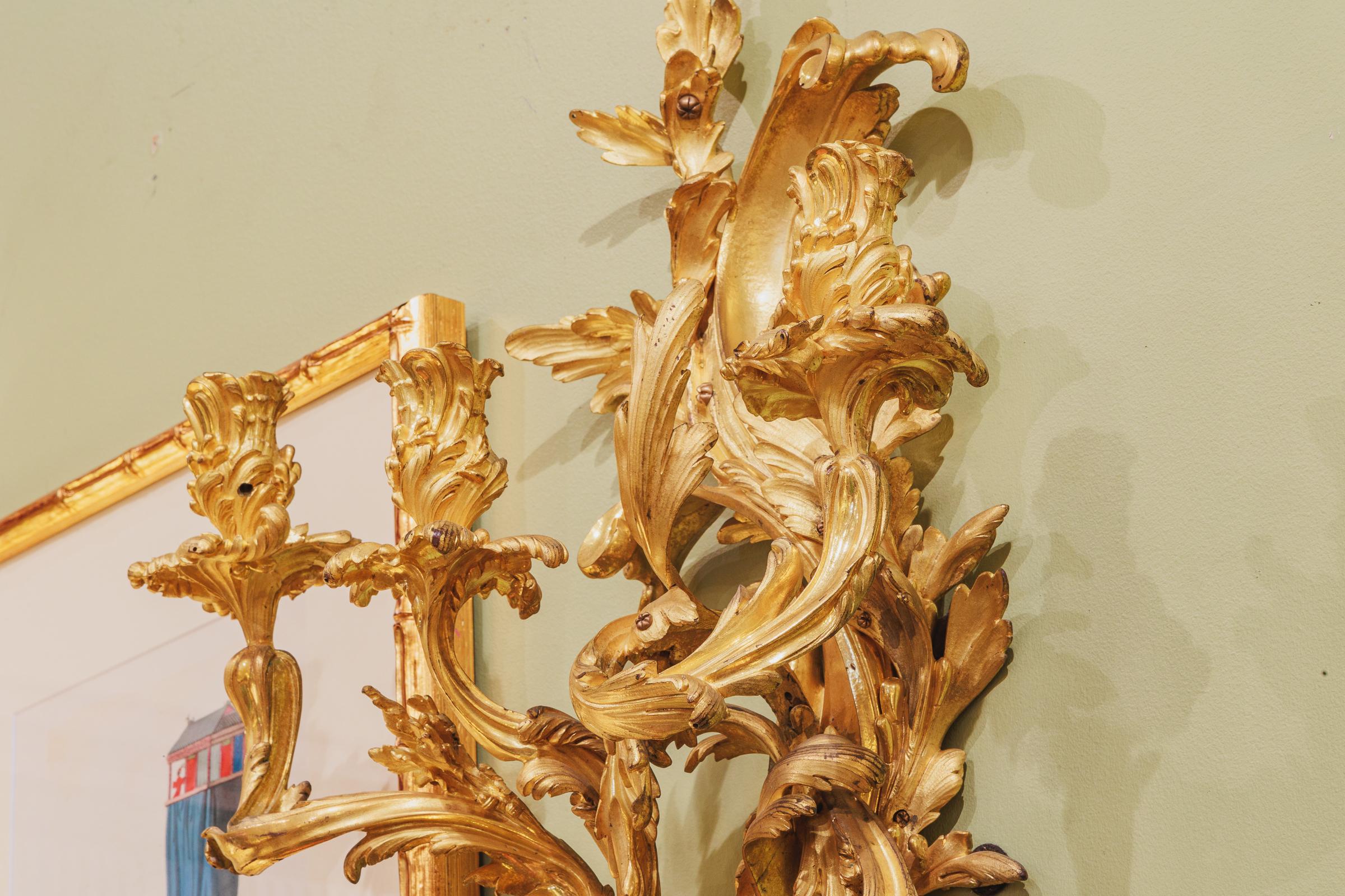 XIXe siècle Paire d'appliques à trois lumières en bronze doré de style Louis XV en vente