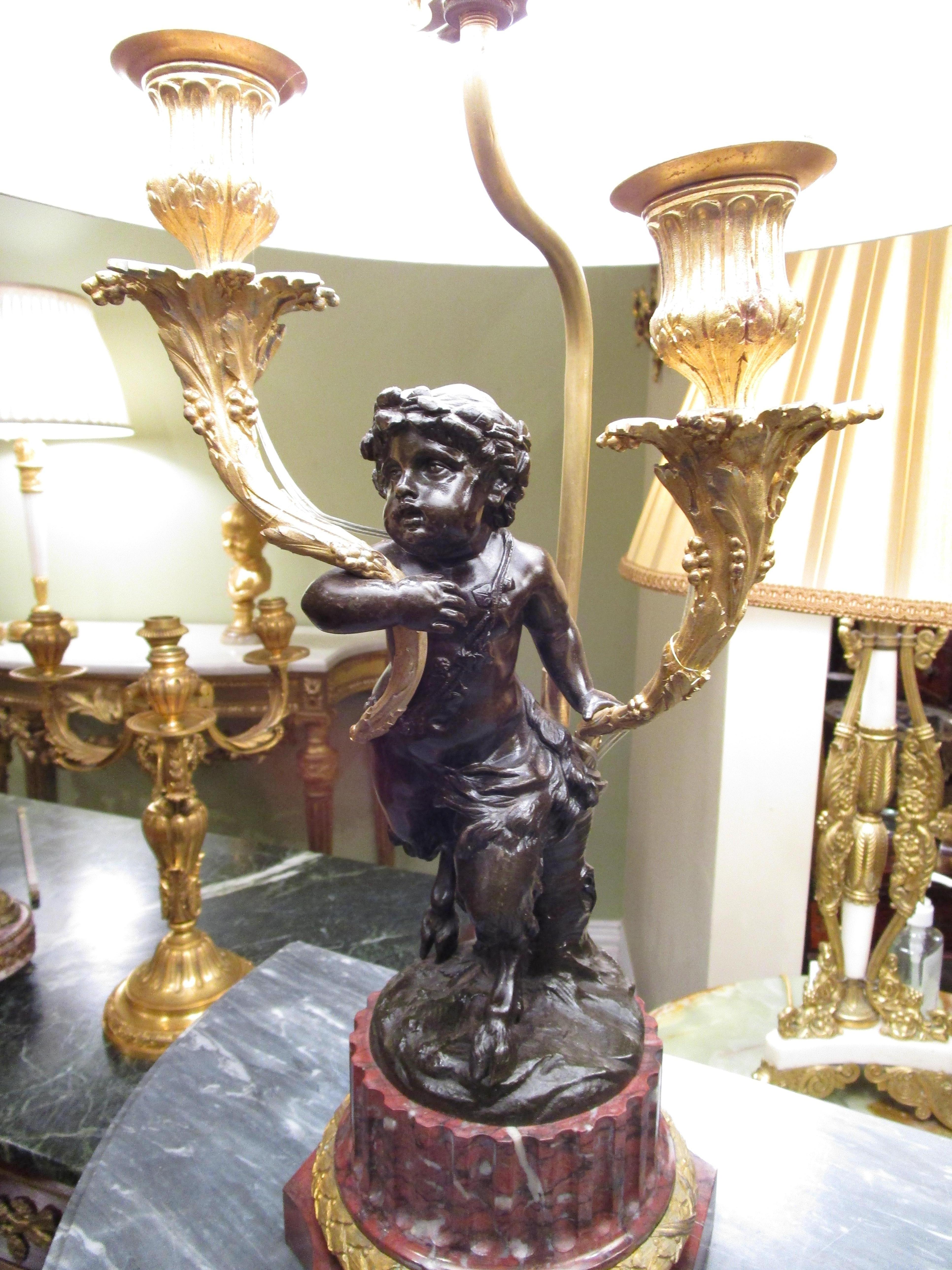 19th Century Fine Pair of French Patinated Bronze and Gilt Bronze Cherub Candelabra Lamps For Sale