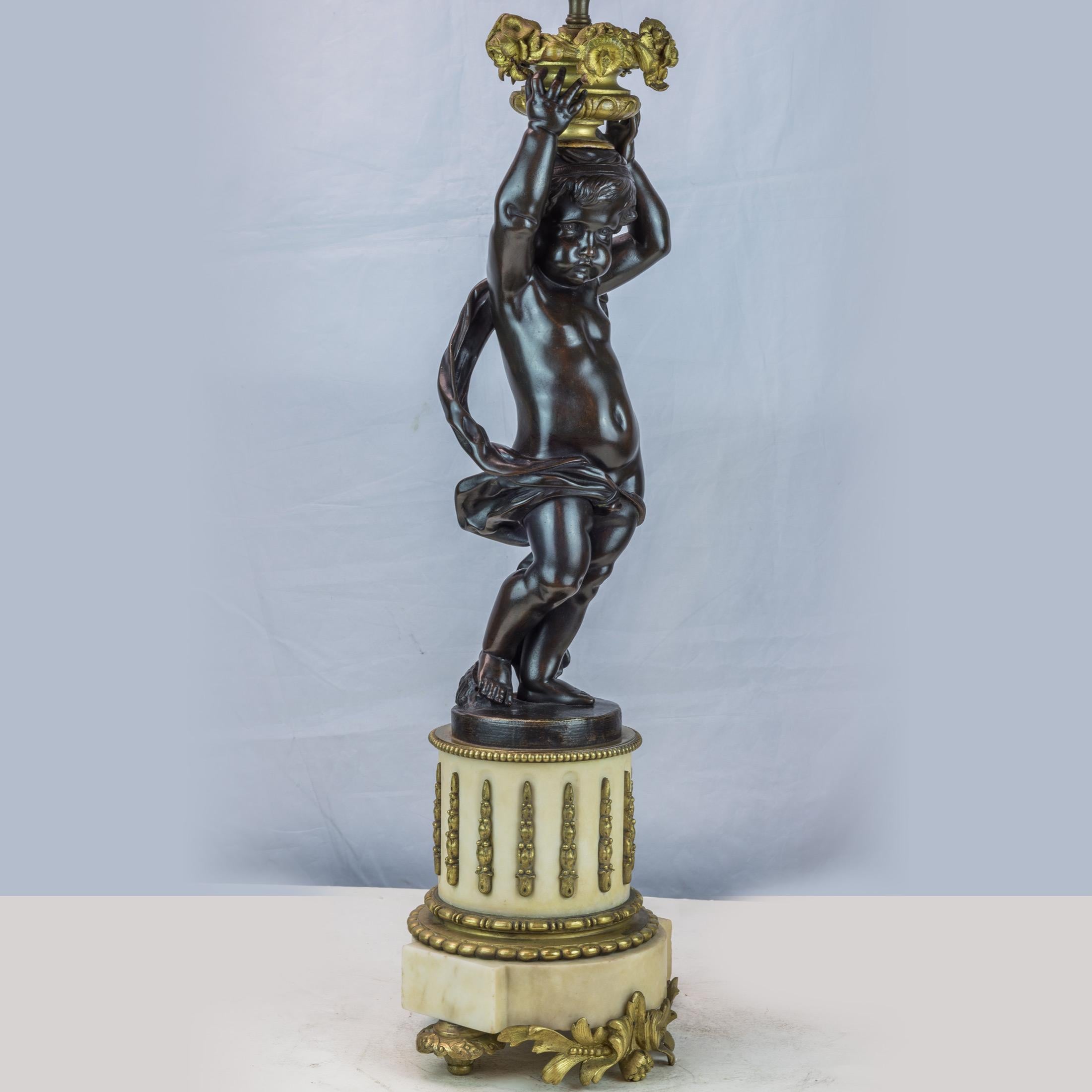 Cast Fine Pair of French Patinated Bronze and Gilt Metal Figural Lamps For Sale