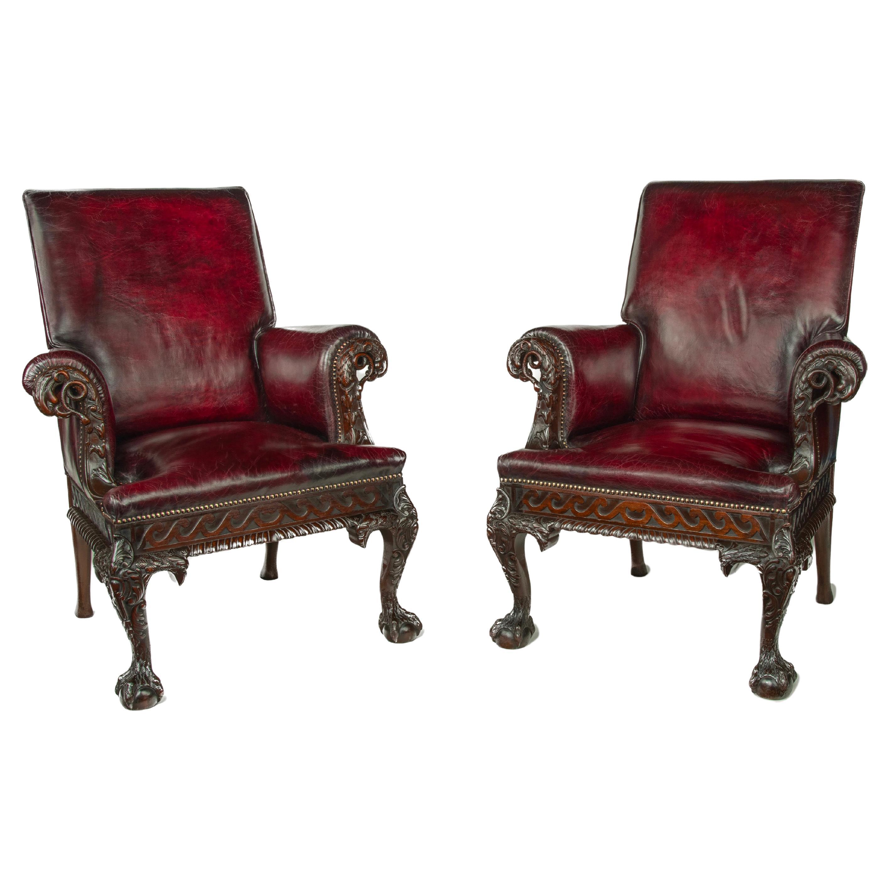 A fine pair of generous late Victorian mahogany eagle armchairs For Sale