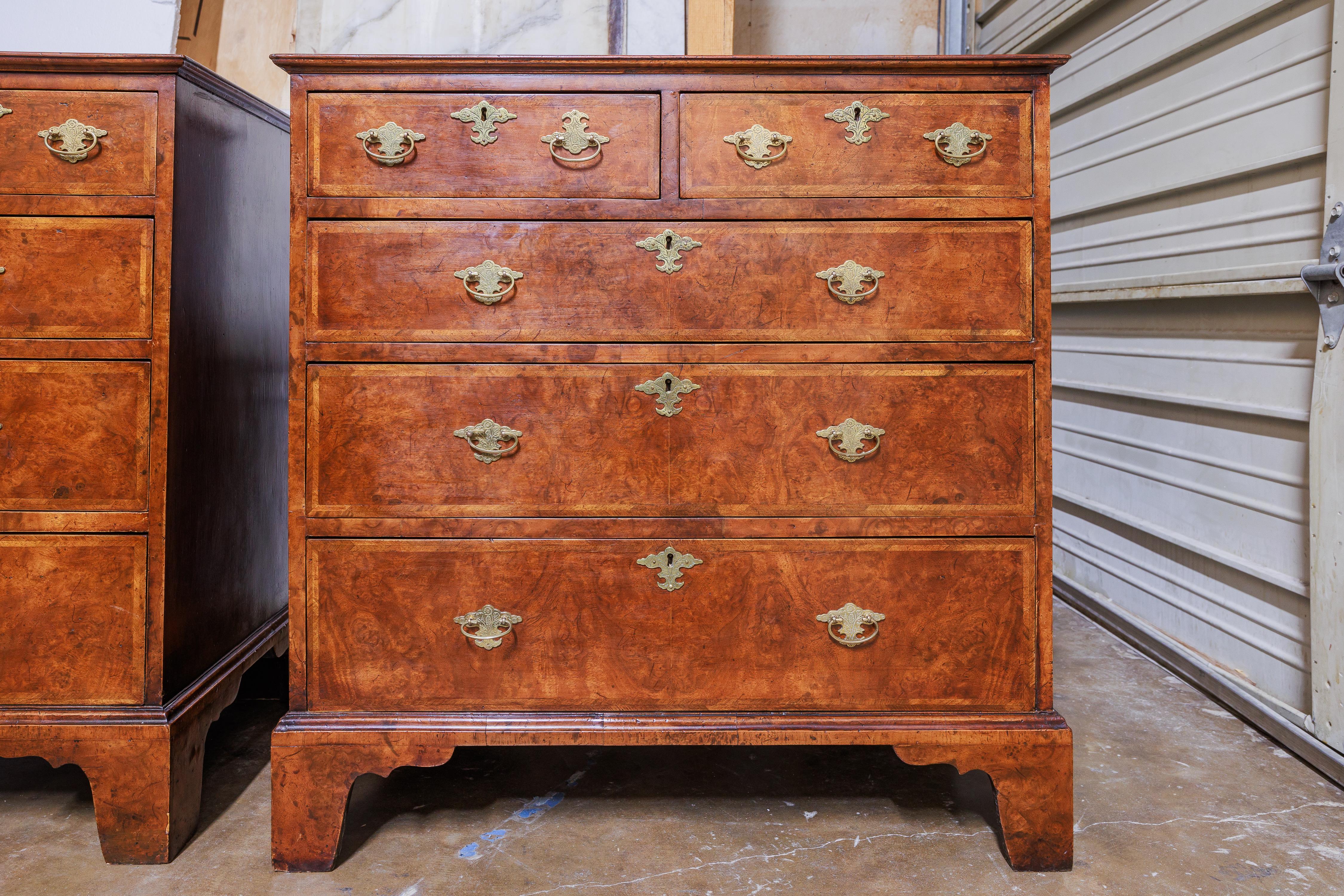 A fine pair of 18th century English burled walnut George 11 period chests 