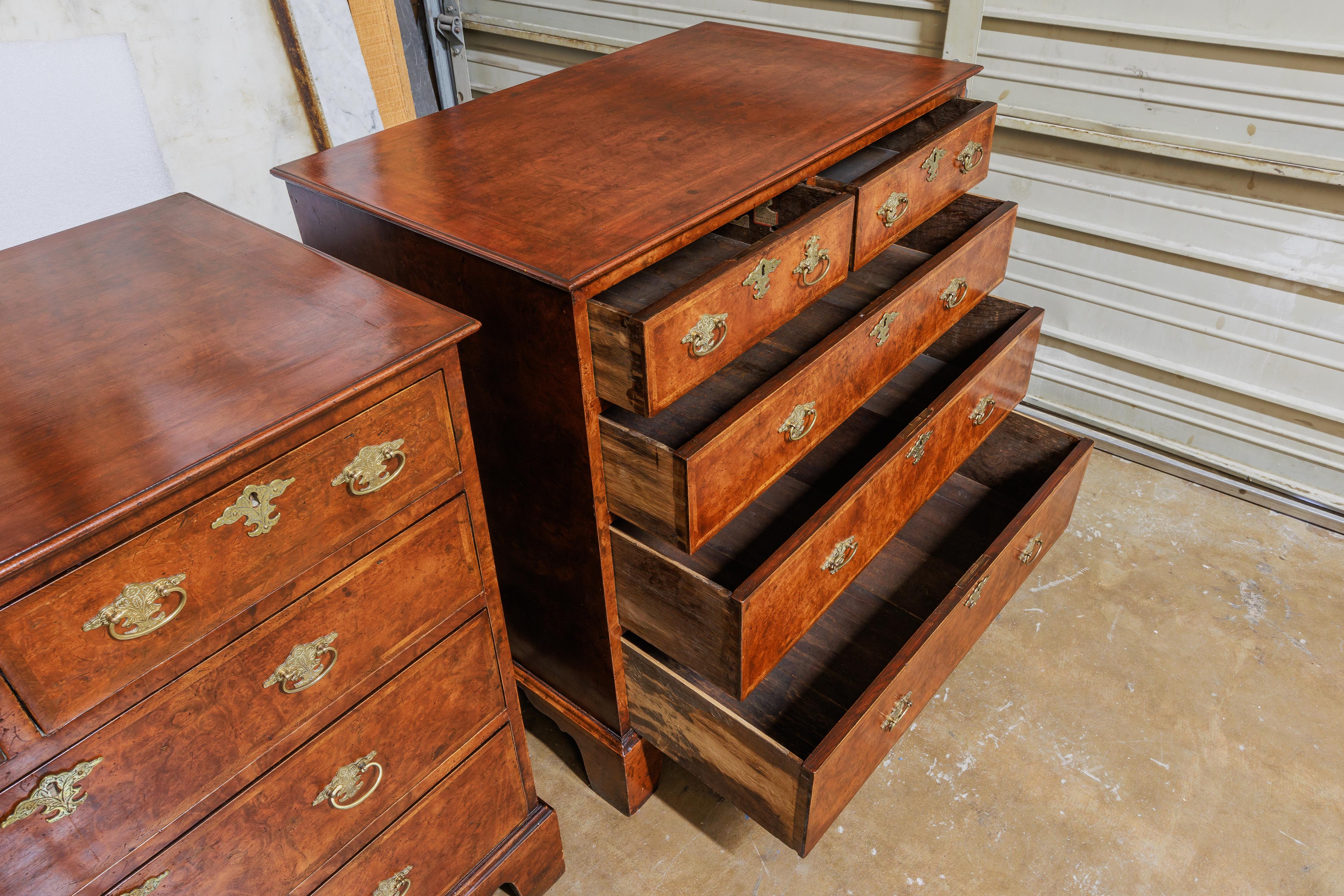 18th Century A fine pair of George 11 burled walnut chests For Sale