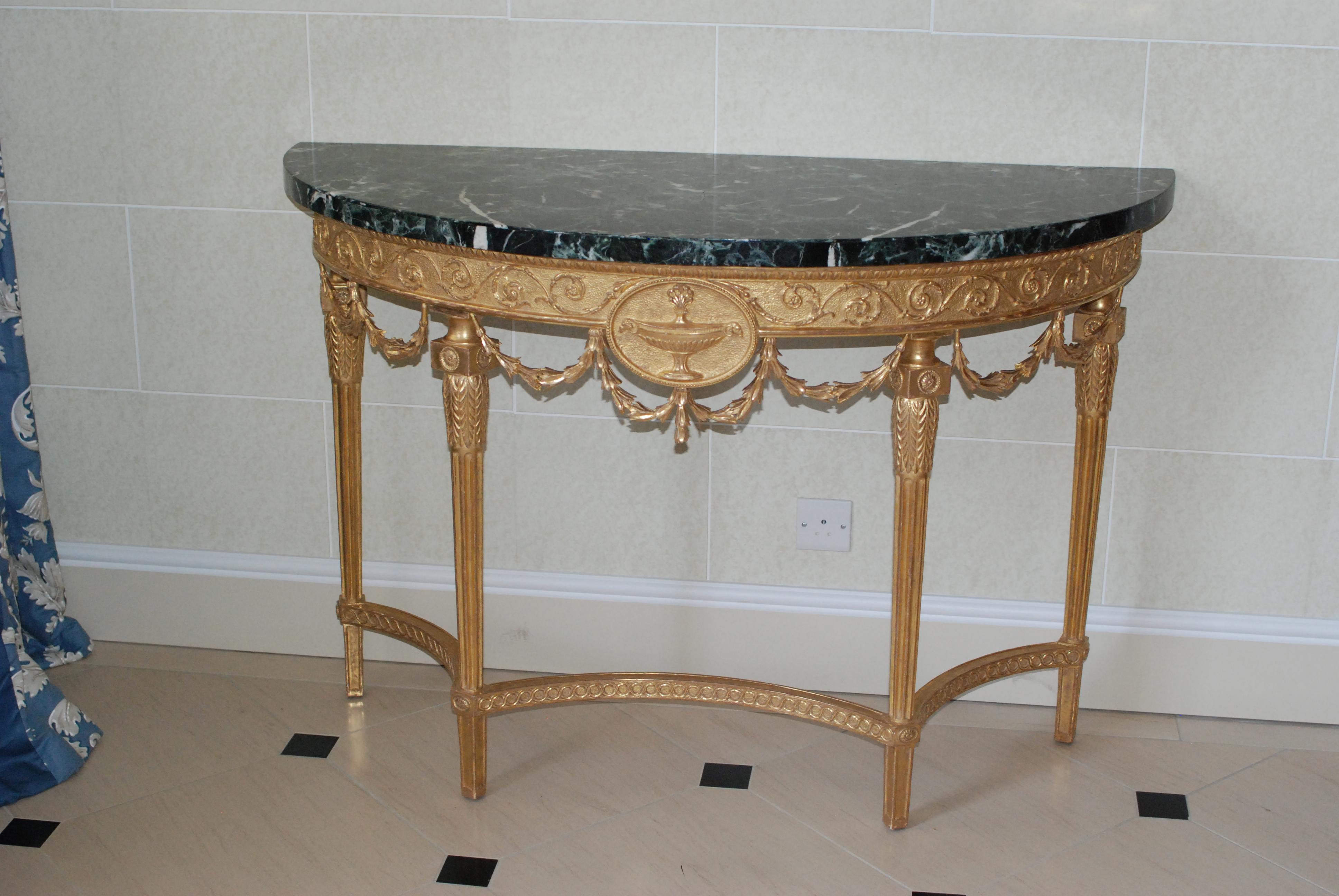 Adam Style Fine Pair of George III Giltwood Marble Demi-Lune Pier Tables For Sale