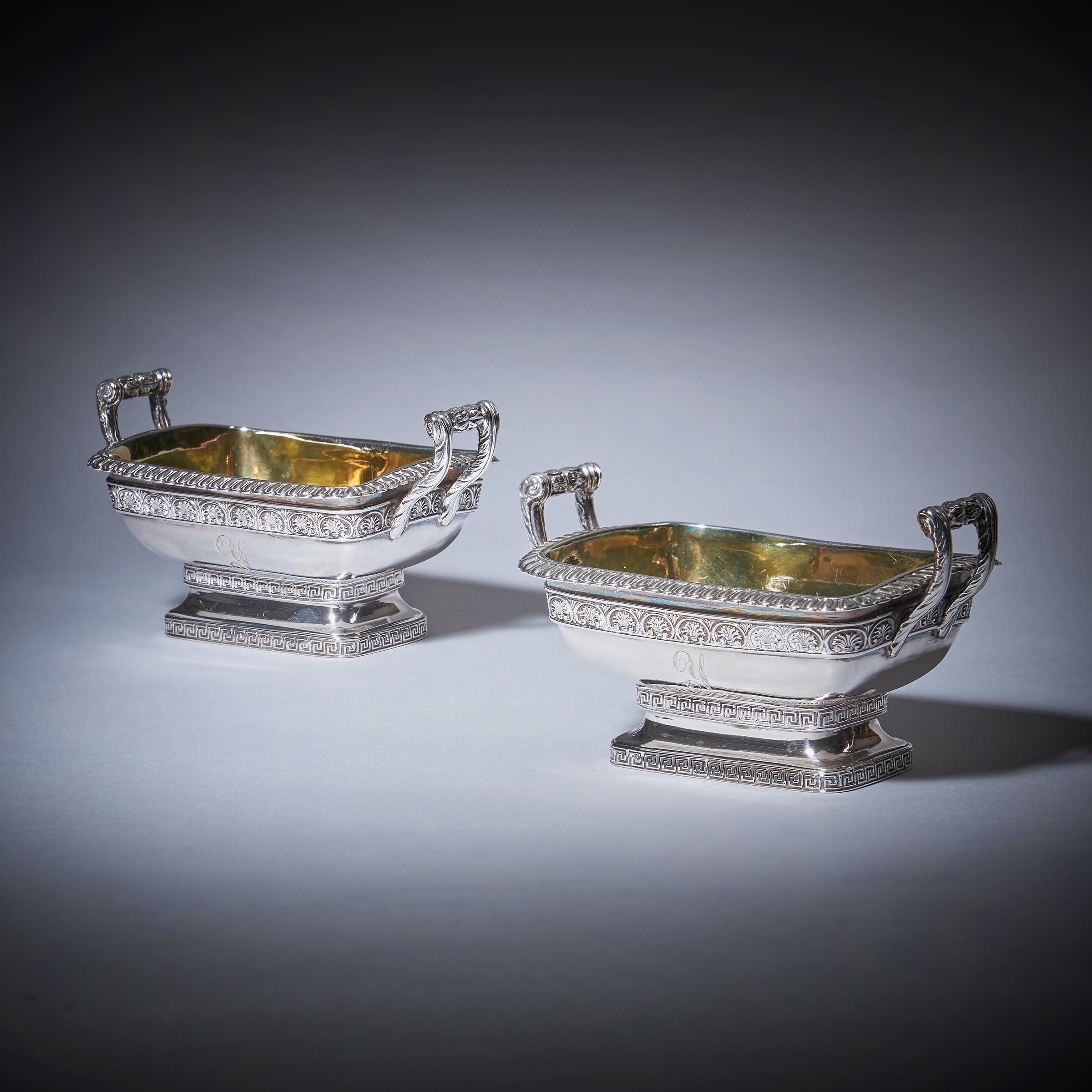 English Fine Pair of George III Grand Tour Influenced Silver-Gilt Salts by William For Sale