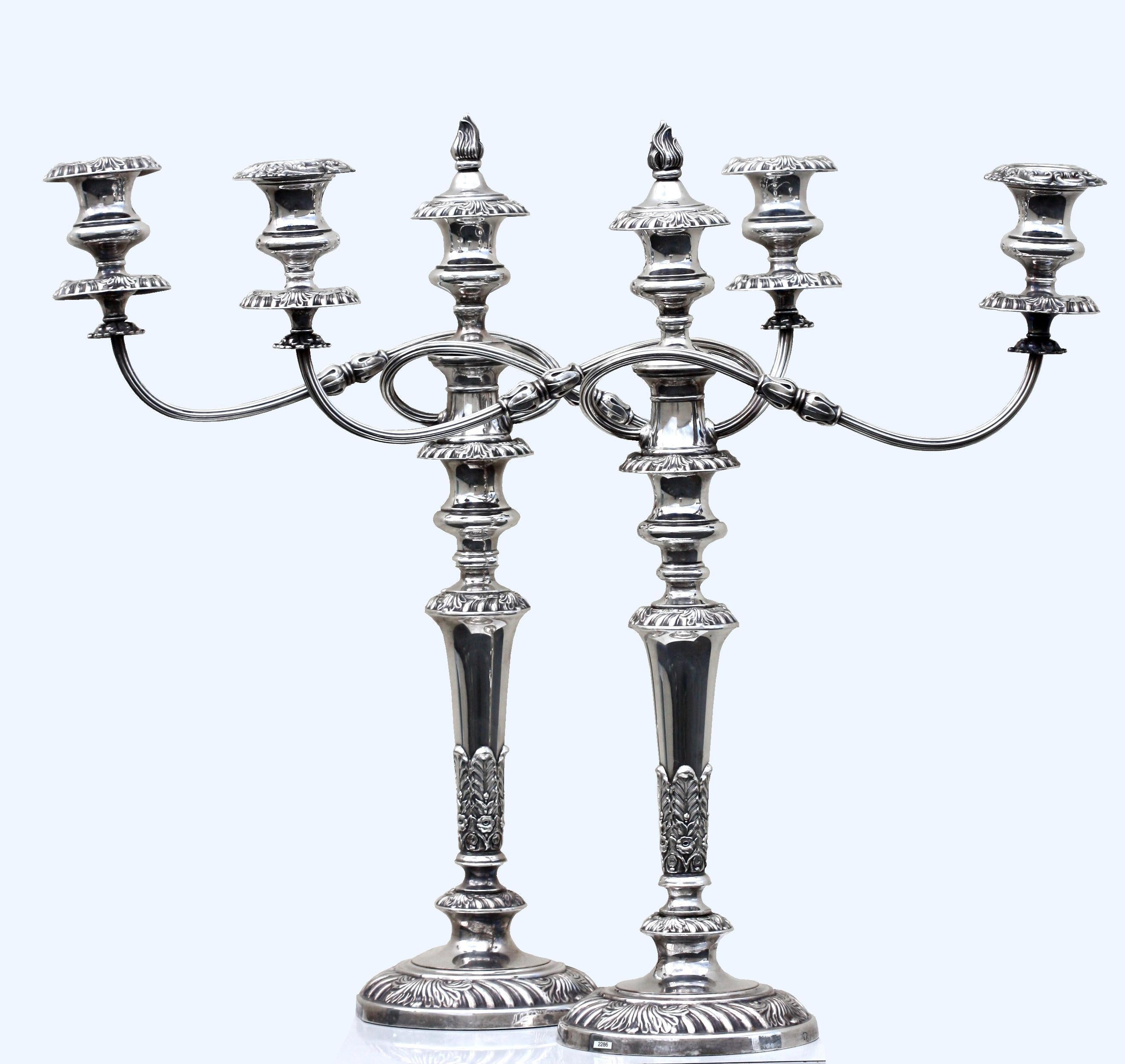 Fine Pair of Georgian Style Silver Plated Three Light Candelabra, circa 1920 In Good Condition In West Palm Beach, FL