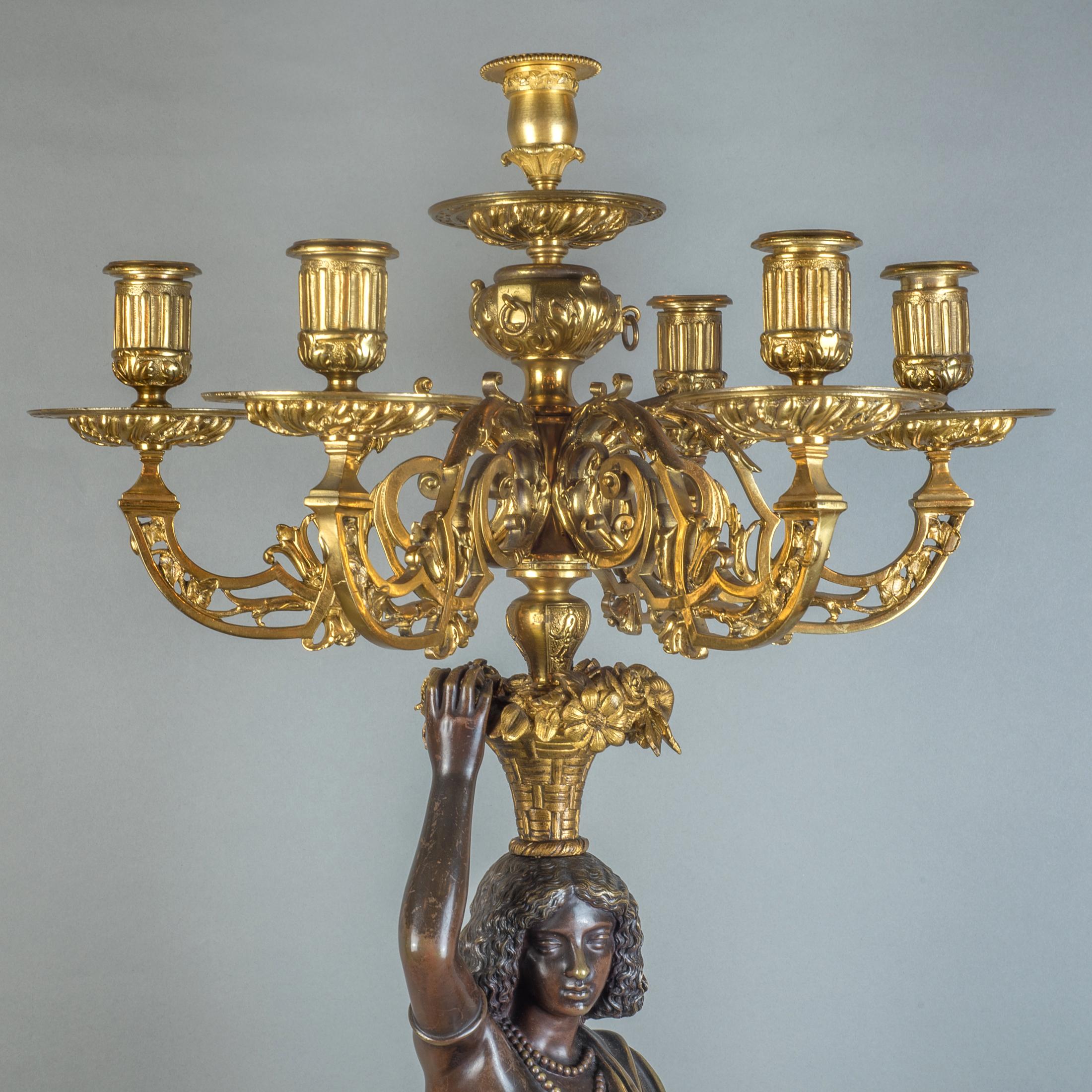  Pair of Gilt and Patinated Bronze Nubian Figural Six-Light Candelabras For Sale 5