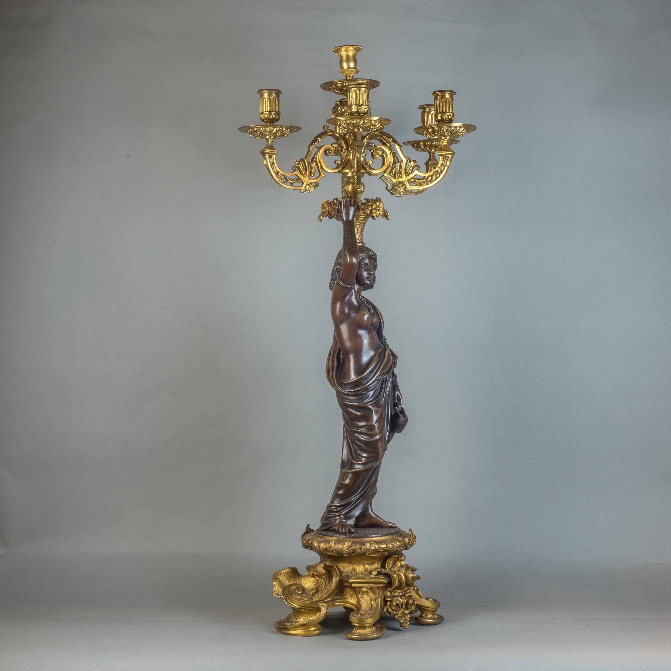  Pair of Gilt and Patinated Bronze Nubian Figural Six-Light Candelabras For Sale 1