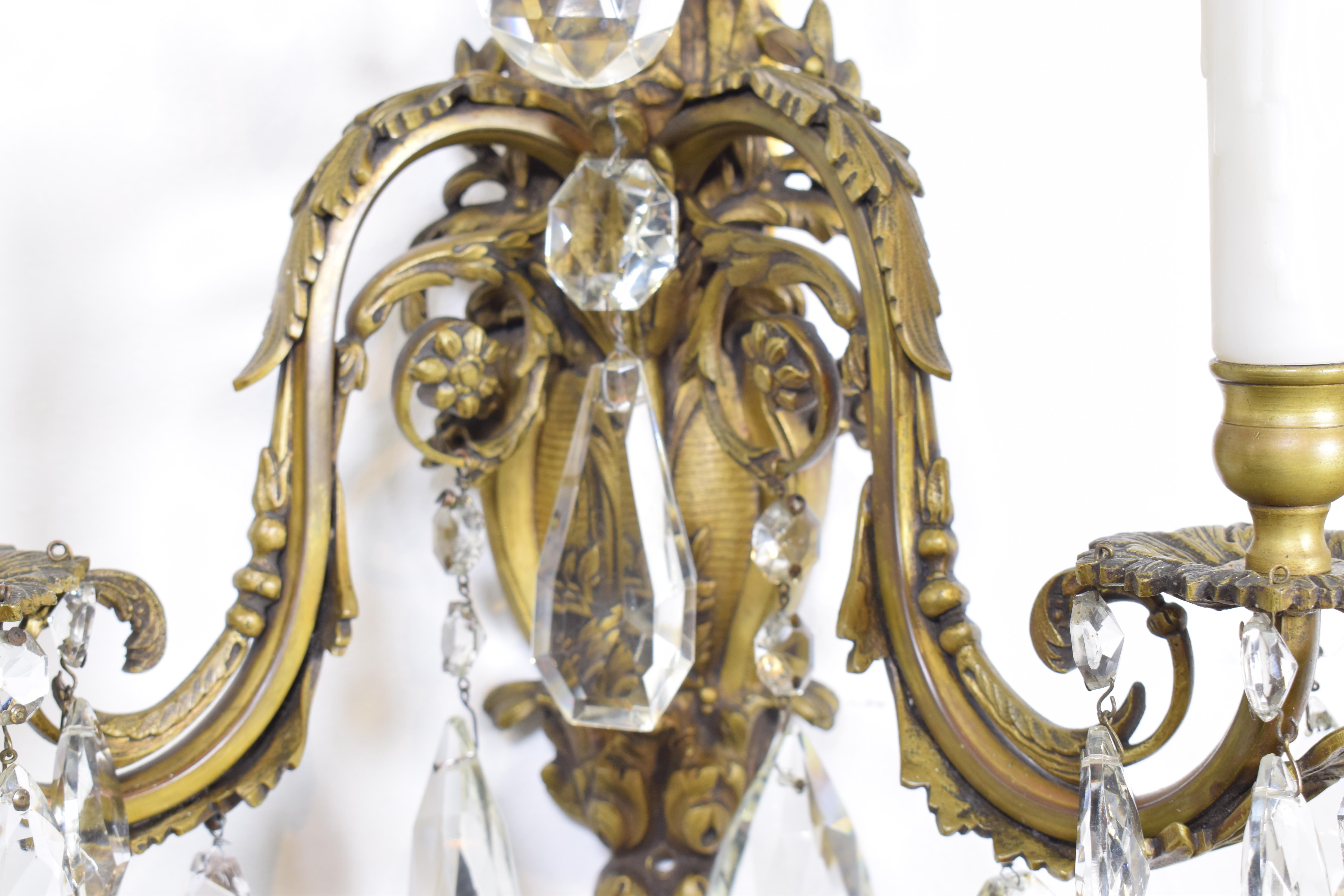 French A Fine Pair Of Gilt Bronze & Crystal Wall Sconces For Sale