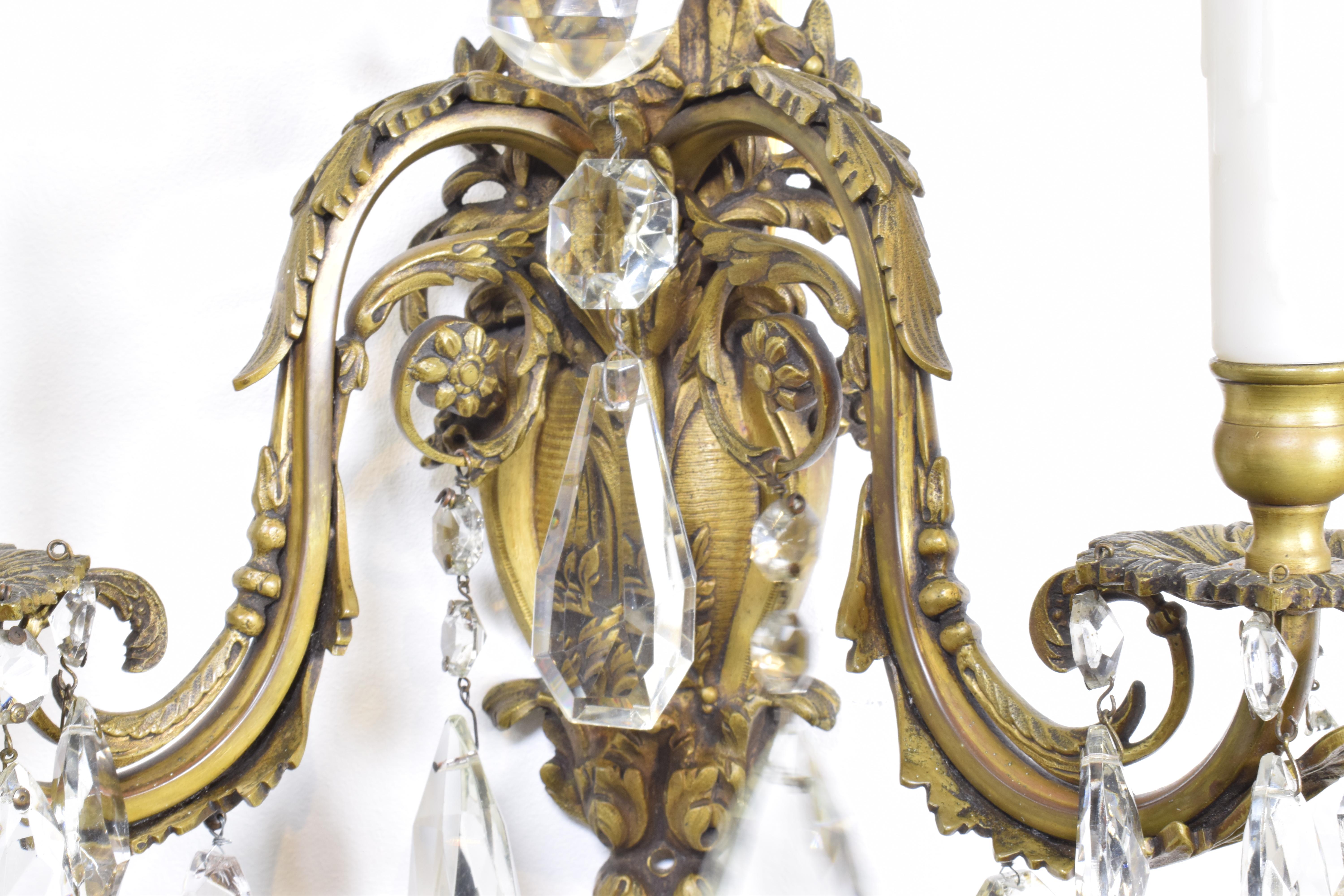 Cast A Fine Pair Of Gilt Bronze & Crystal Wall Sconces For Sale