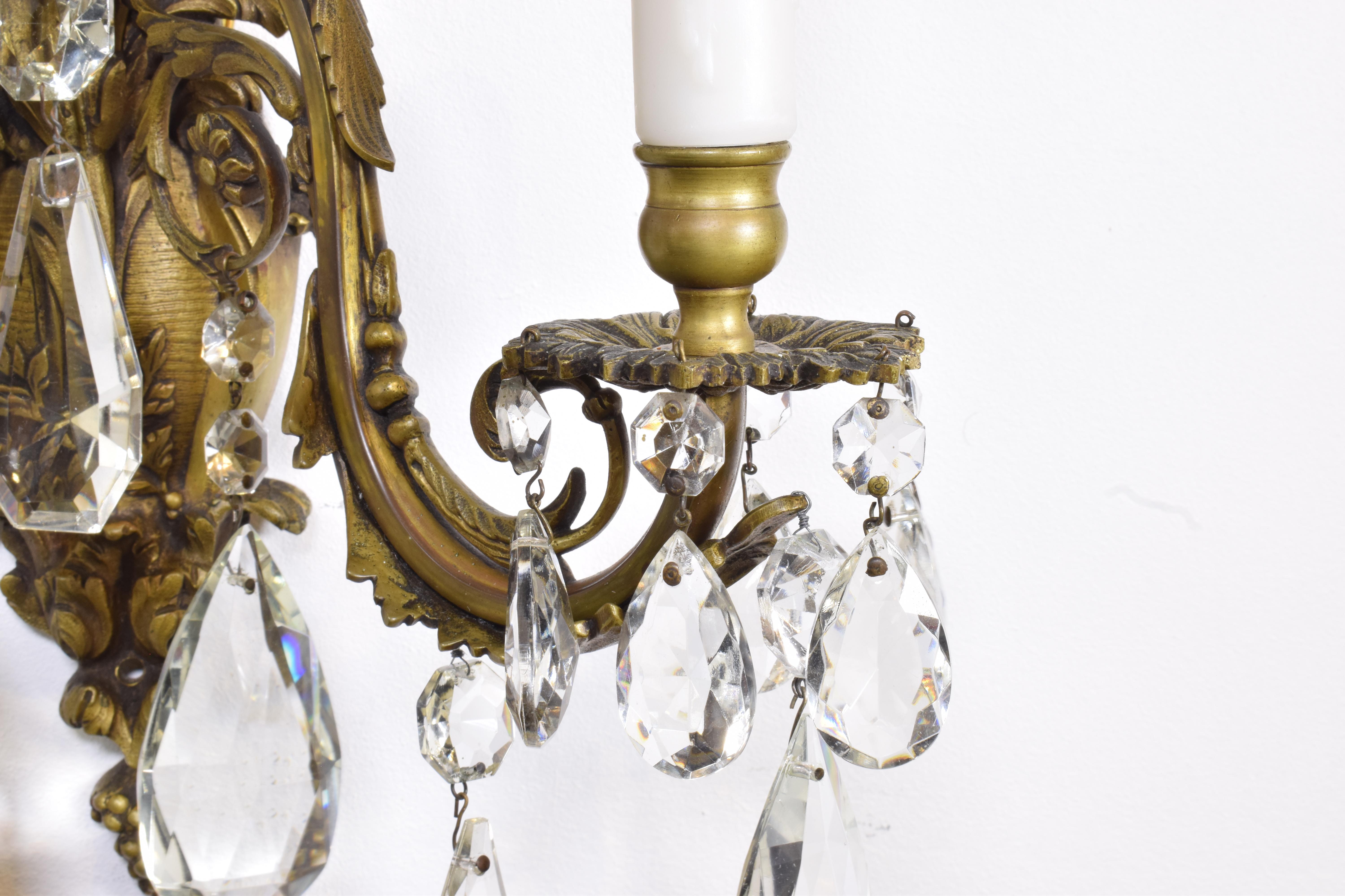 Mid-20th Century A Fine Pair Of Gilt Bronze & Crystal Wall Sconces For Sale