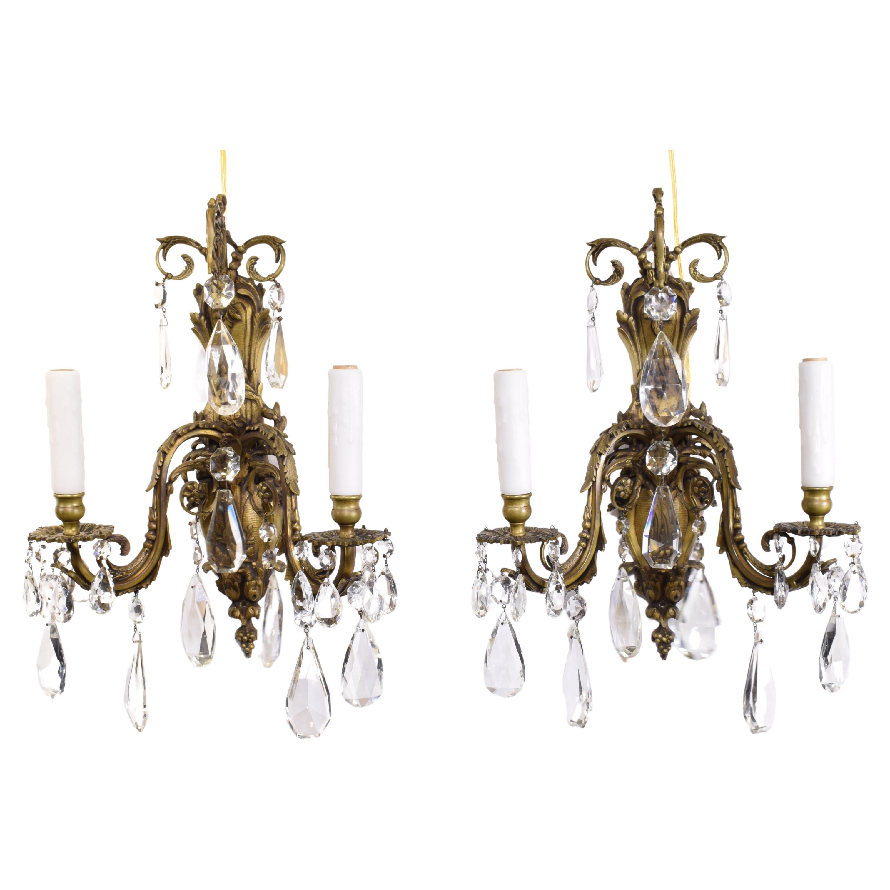 A Fine Pair Of Gilt Bronze & Crystal Wall Sconces For Sale