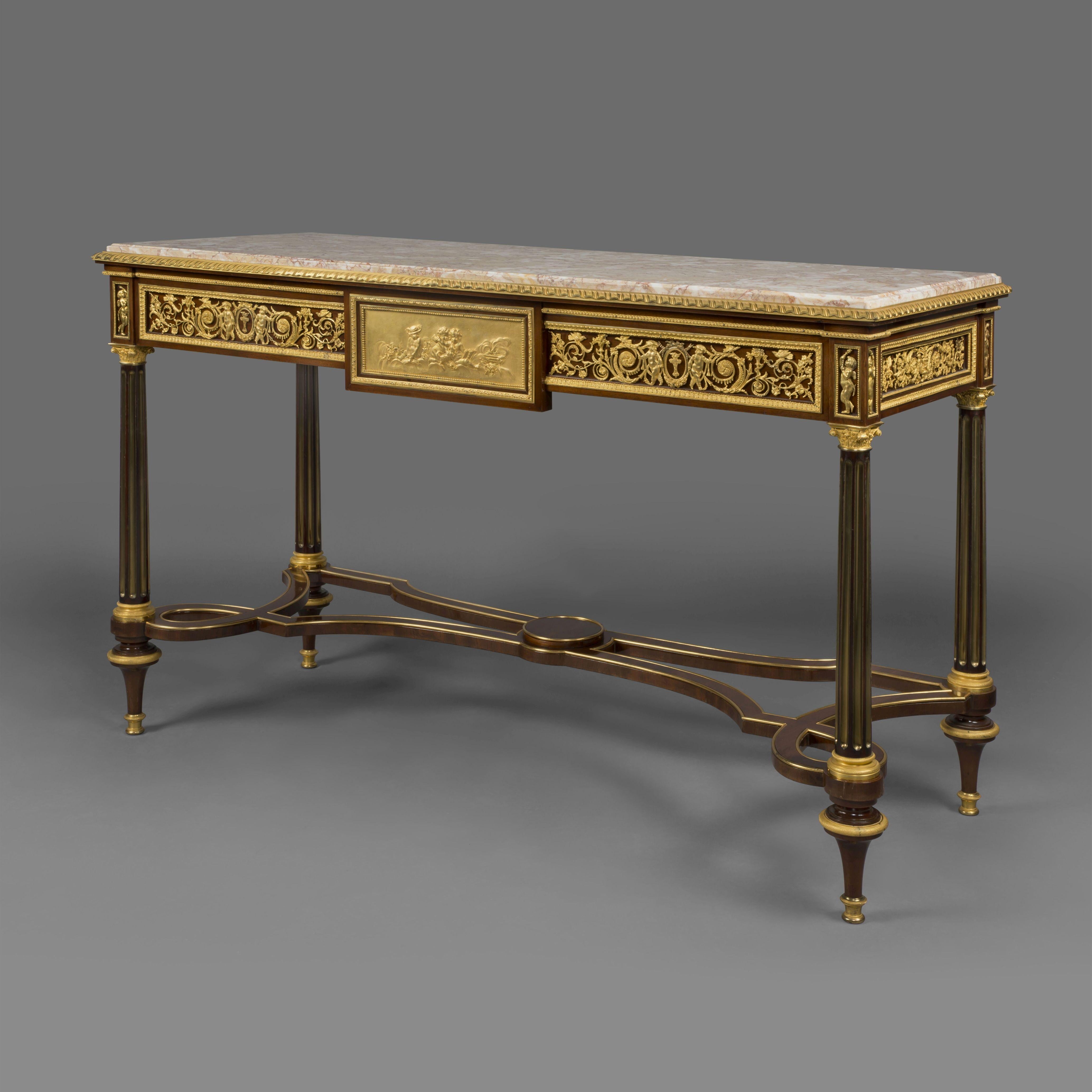 Louis XVI Fine Pair of Gilt-Bronze Mounted Mahogany Console Tables For Sale
