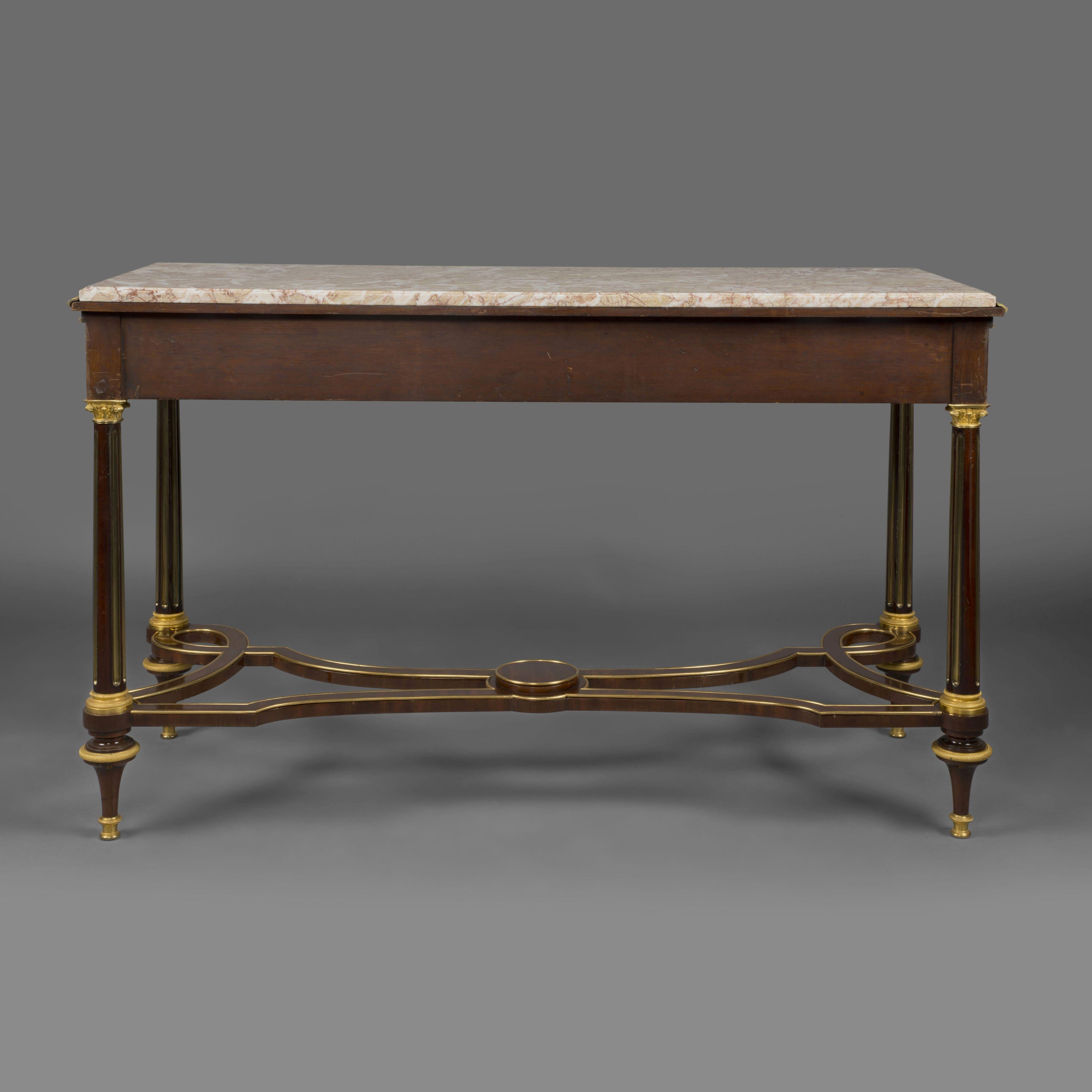 19th Century Fine Pair of Gilt-Bronze Mounted Mahogany Console Tables For Sale