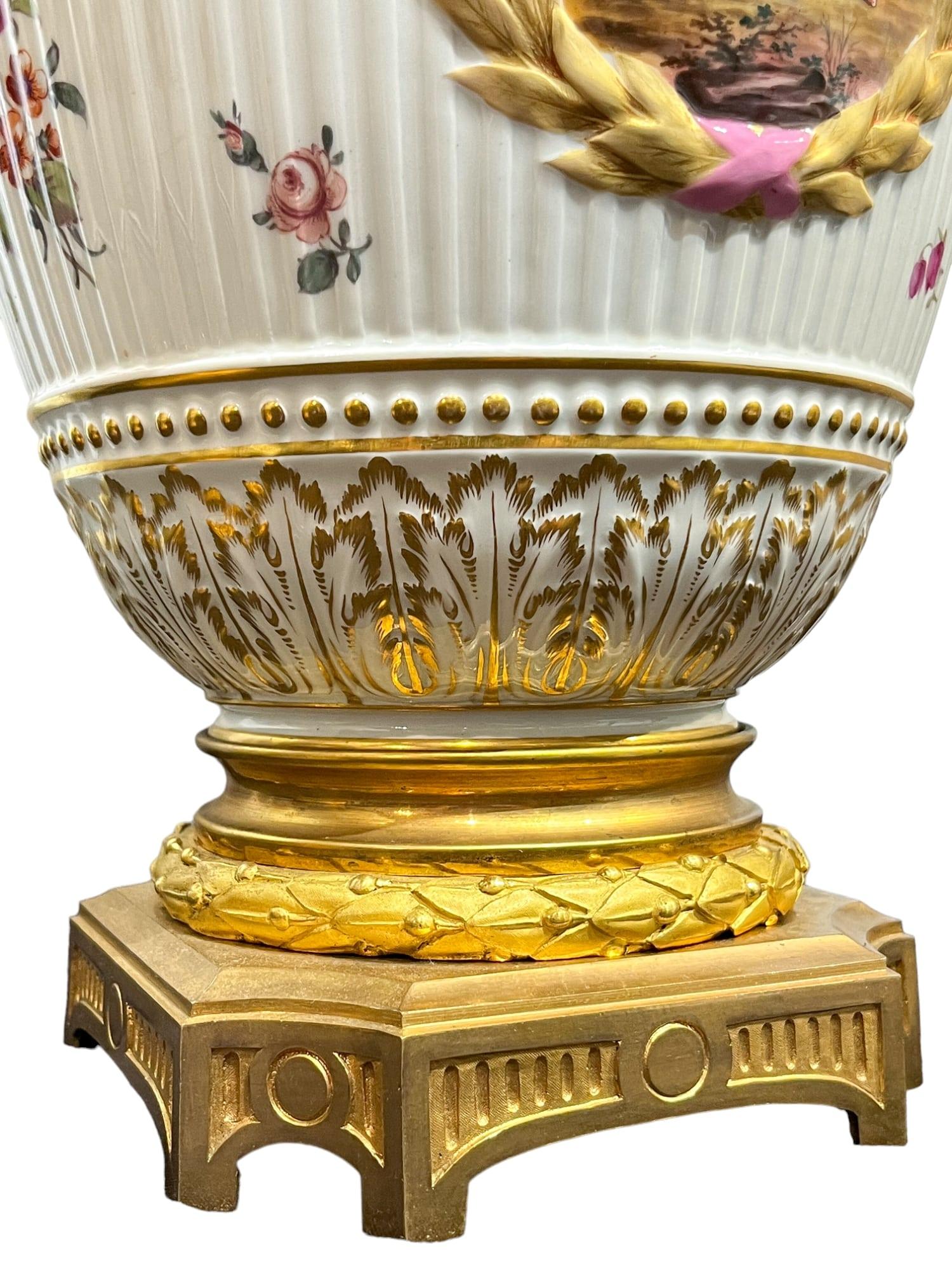 A Fine Pair of Gilt Bronze Mounted Painted Porcelain Vases and Eagle Finial Cove For Sale 4