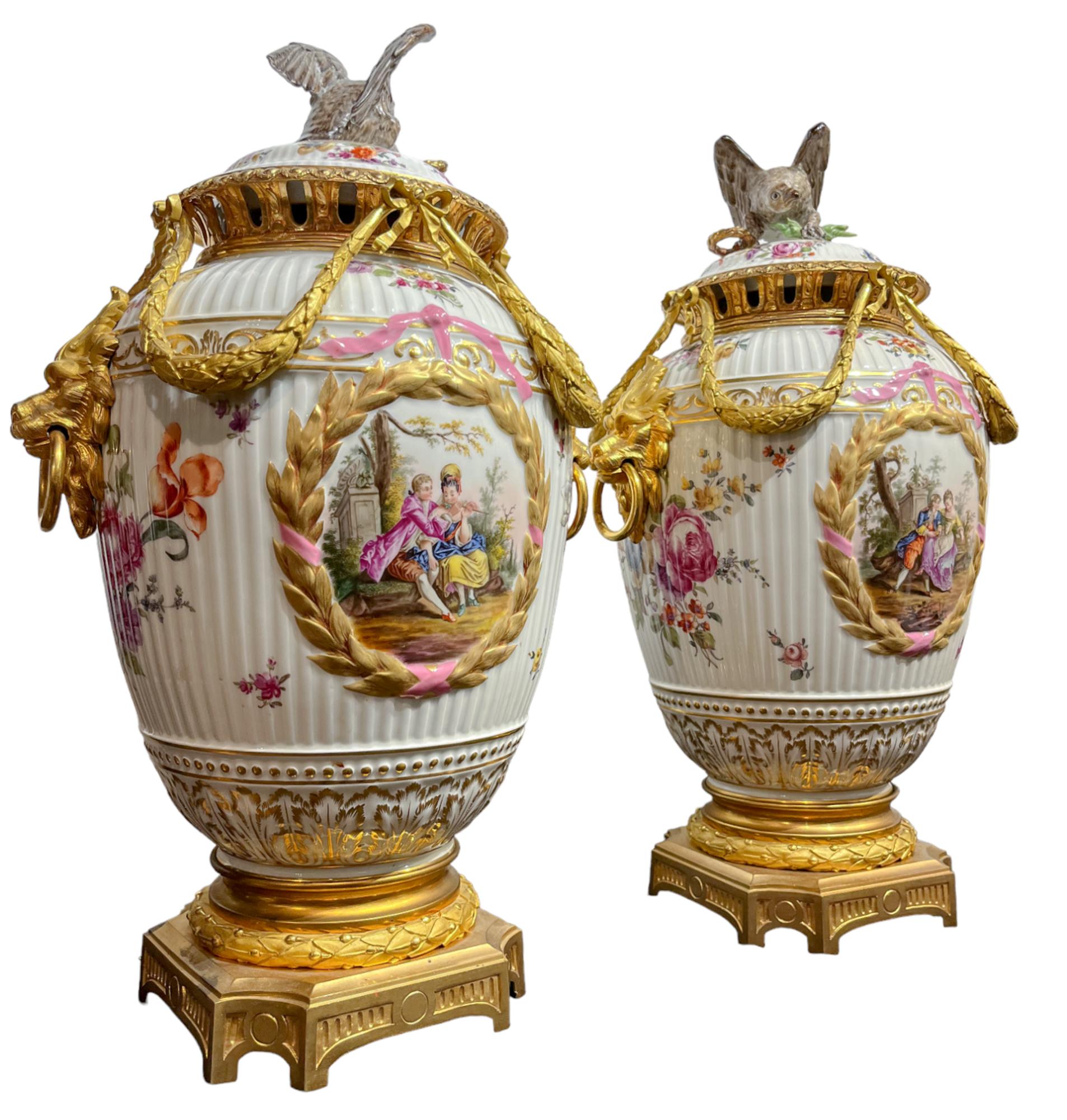 A Fine Pair of Gilt Bronze Mounted Painted Porcelain Vases and Eagle Finial Cove For Sale 5