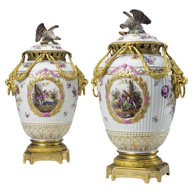 A Fine Pair of Gilt Bronze Mounted Painted Porcelain Vases and Eagle Finial Cove For Sale