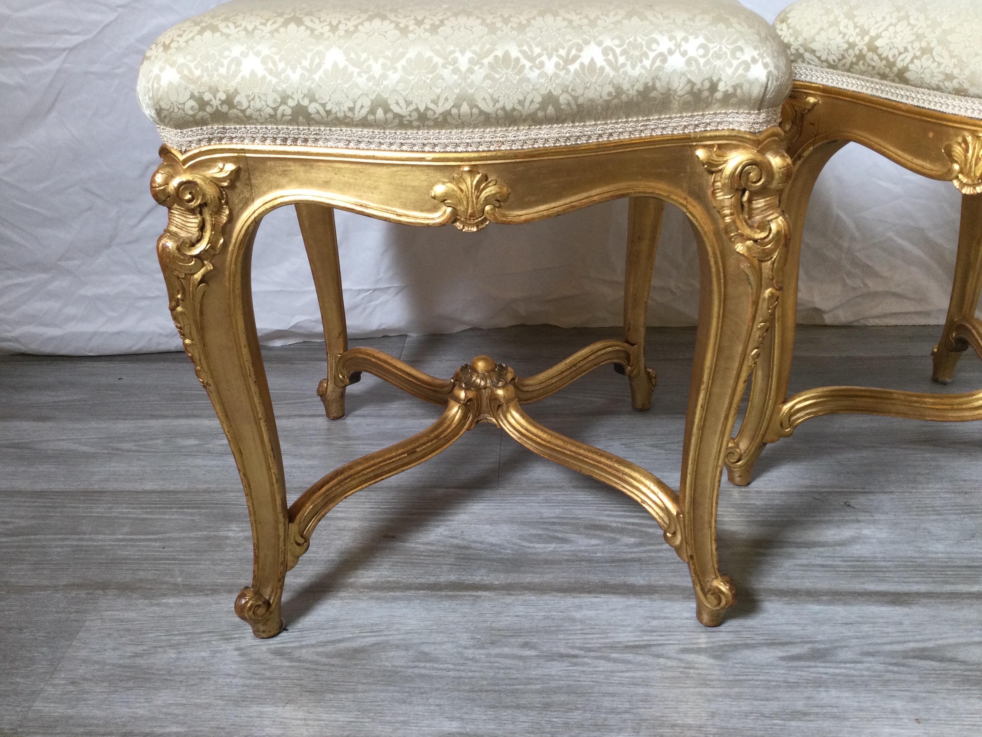 Hand-Carved Fine Pair of Gilt Wood Louis XV Style Custom Benches