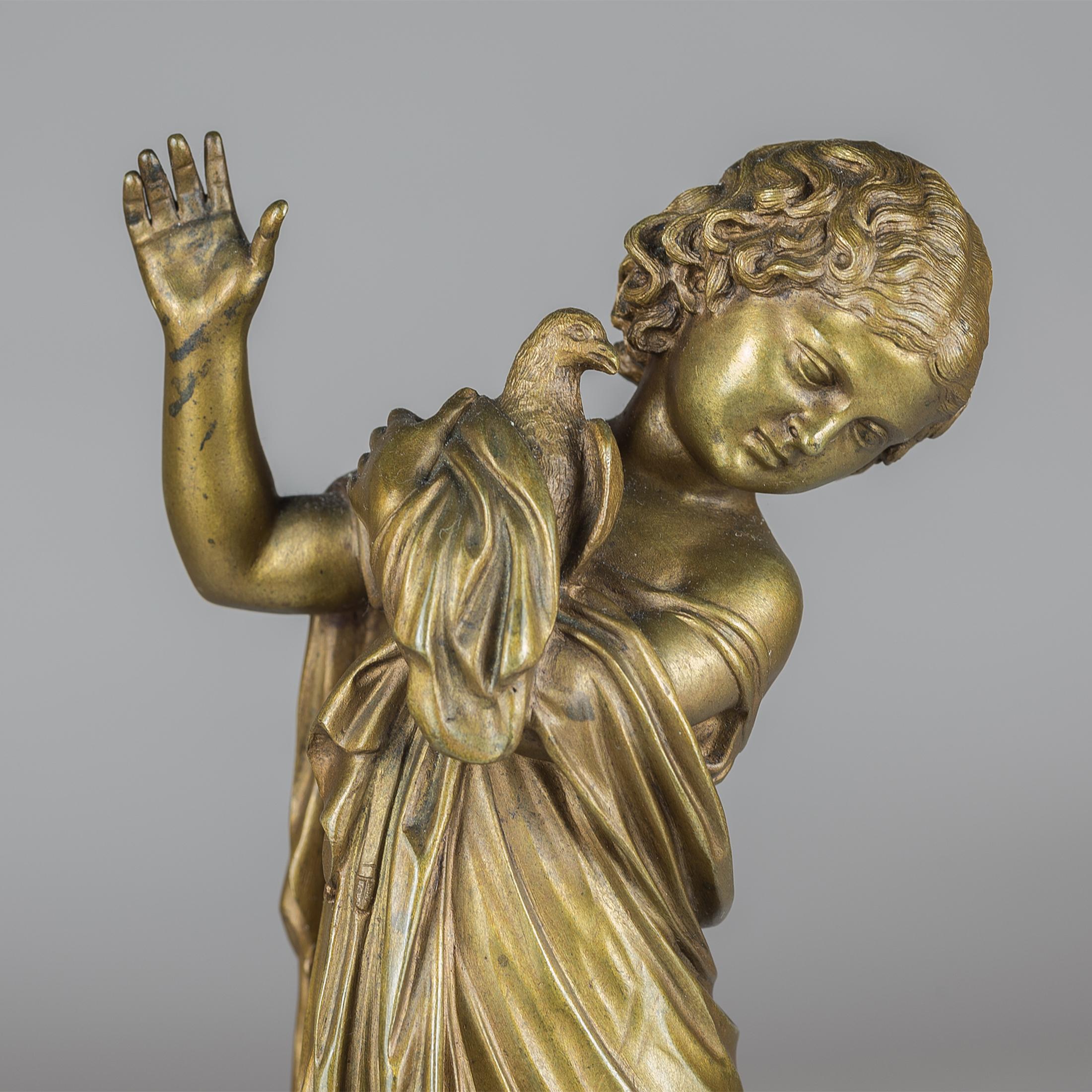 Fine Pair of Italian Bronze Figure of a Girl Holding a Dove by A. Messina In Good Condition For Sale In New York, NY