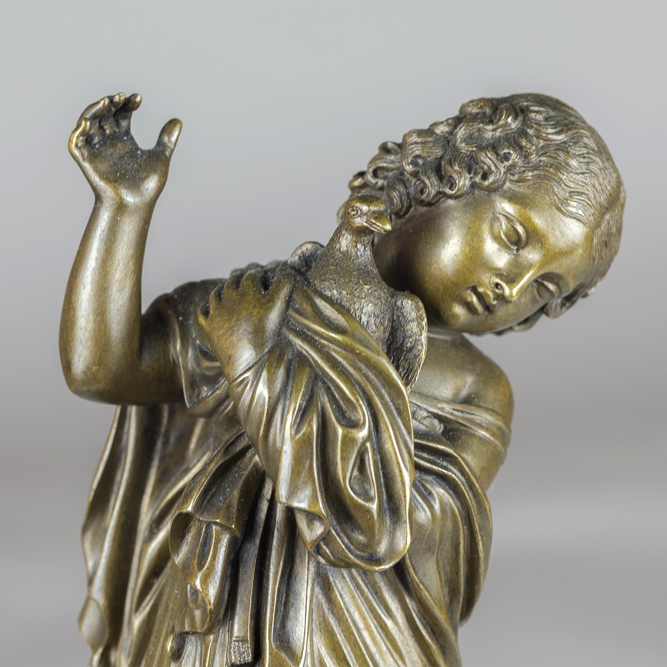 19th Century Fine Pair of Italian Bronze Figure of a Girl Holding a Dove by A. Messina For Sale