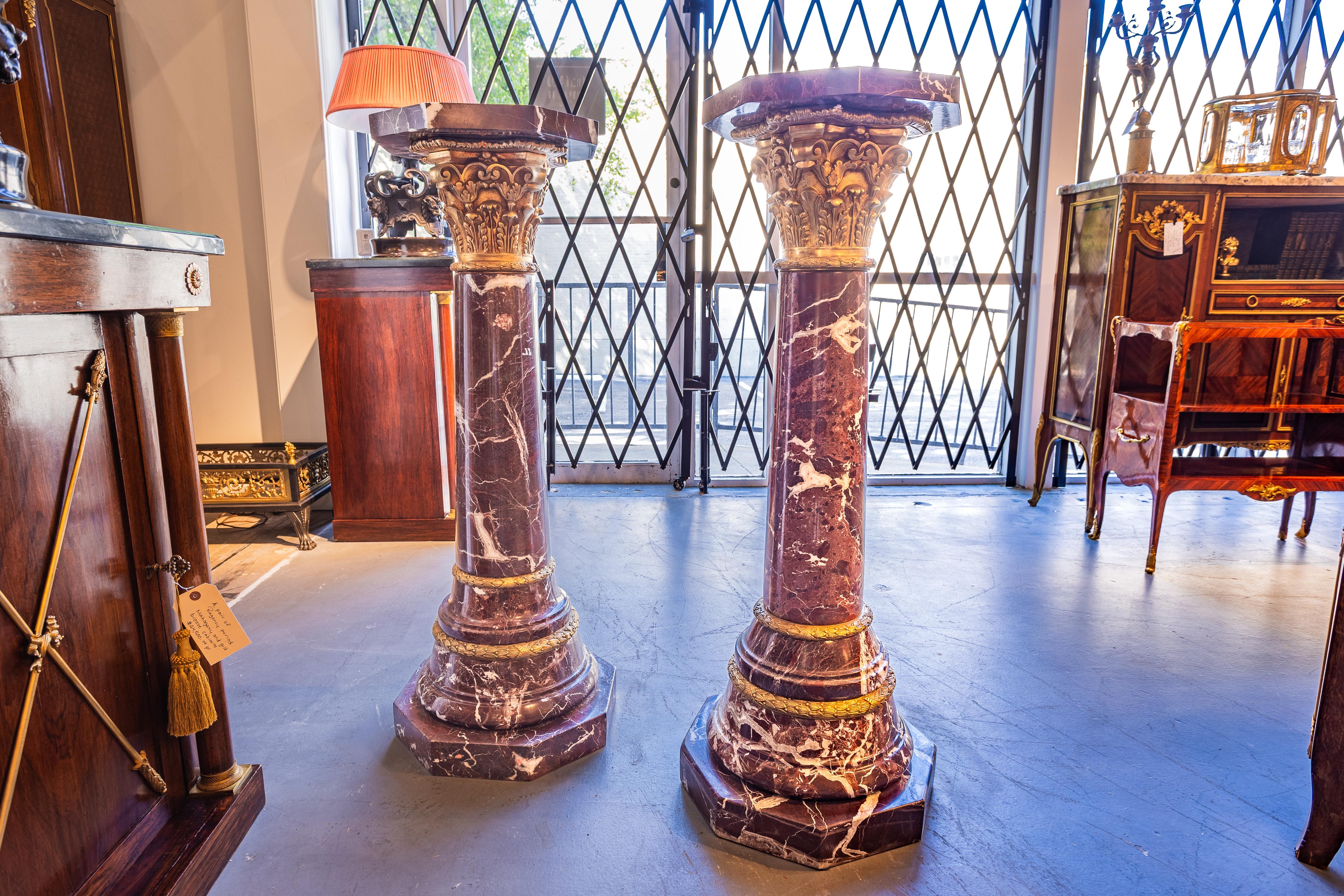Renaissance A fine pair of Italian marble and gilt bronze mounted pedestals For Sale