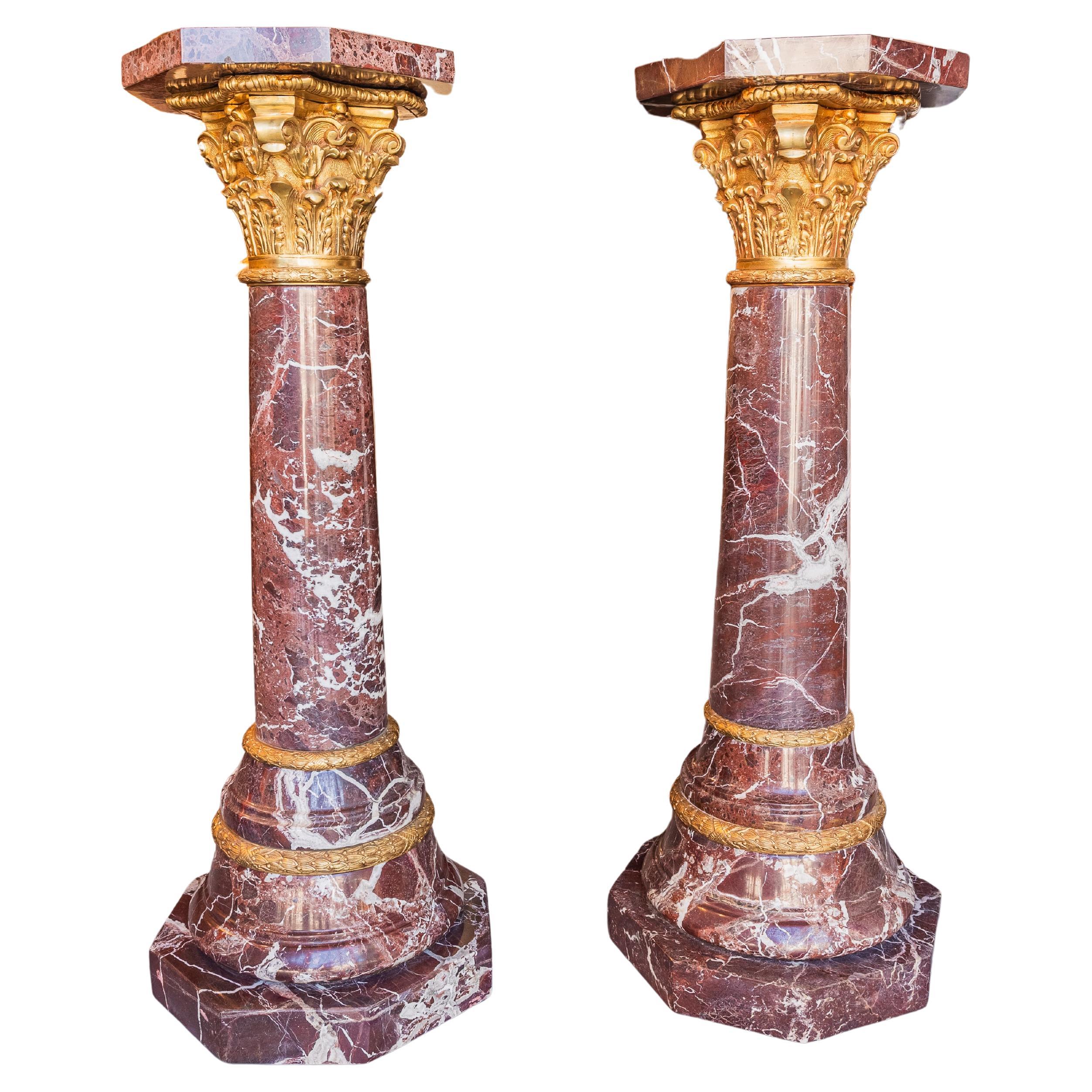 A fine pair of Italian marble and gilt bronze mounted pedestals For Sale