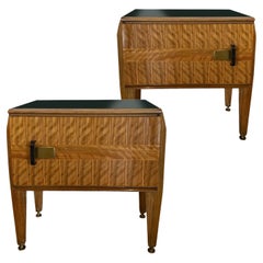 Fine Pair of Italian Modern Inlaid Mixed Wood Bedside Tables, Vittorio Dassi