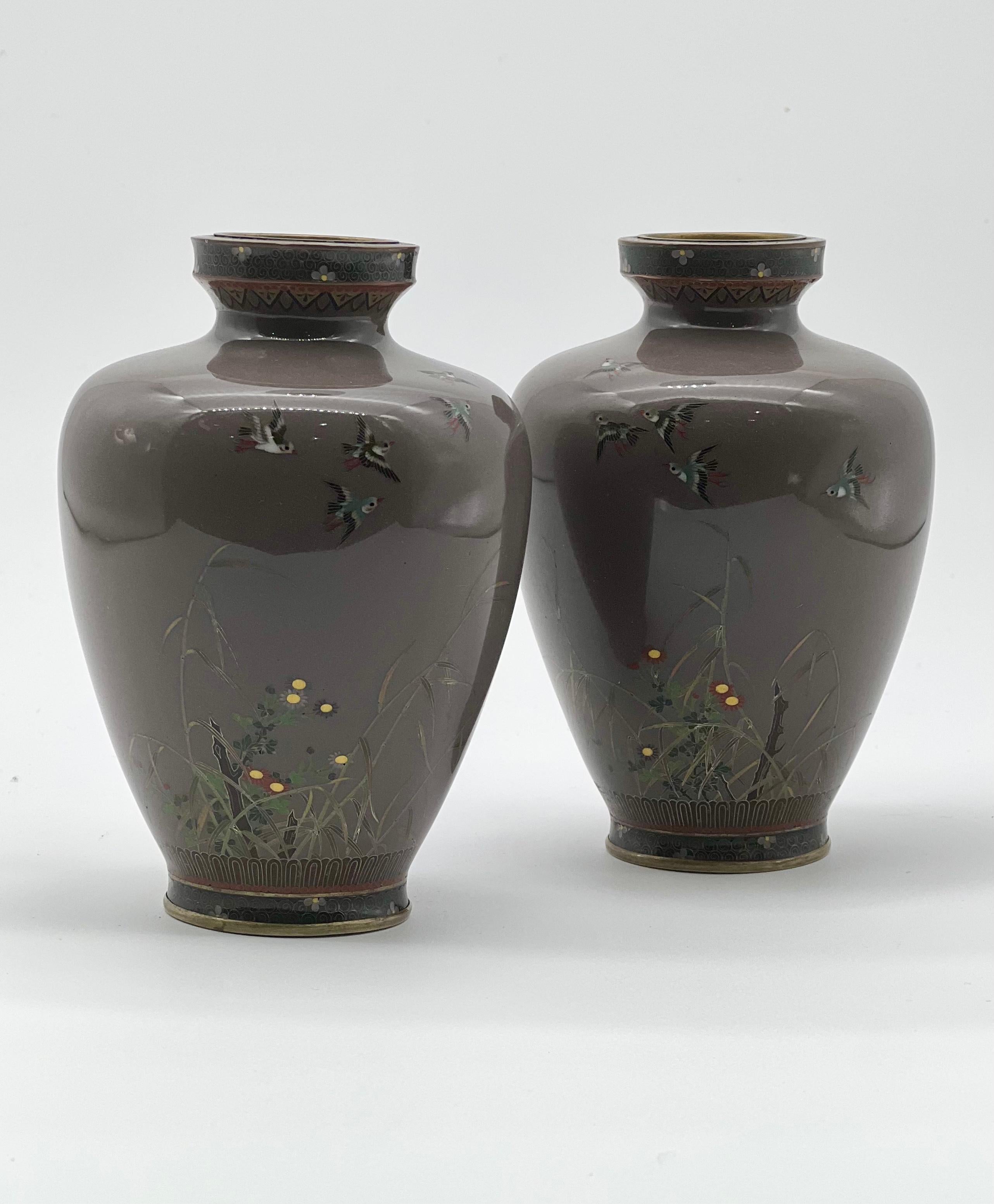 A Fine Pair of Japanese Cloisonne Enamel Vases Attributed to Hayashi Kodenji For Sale 12