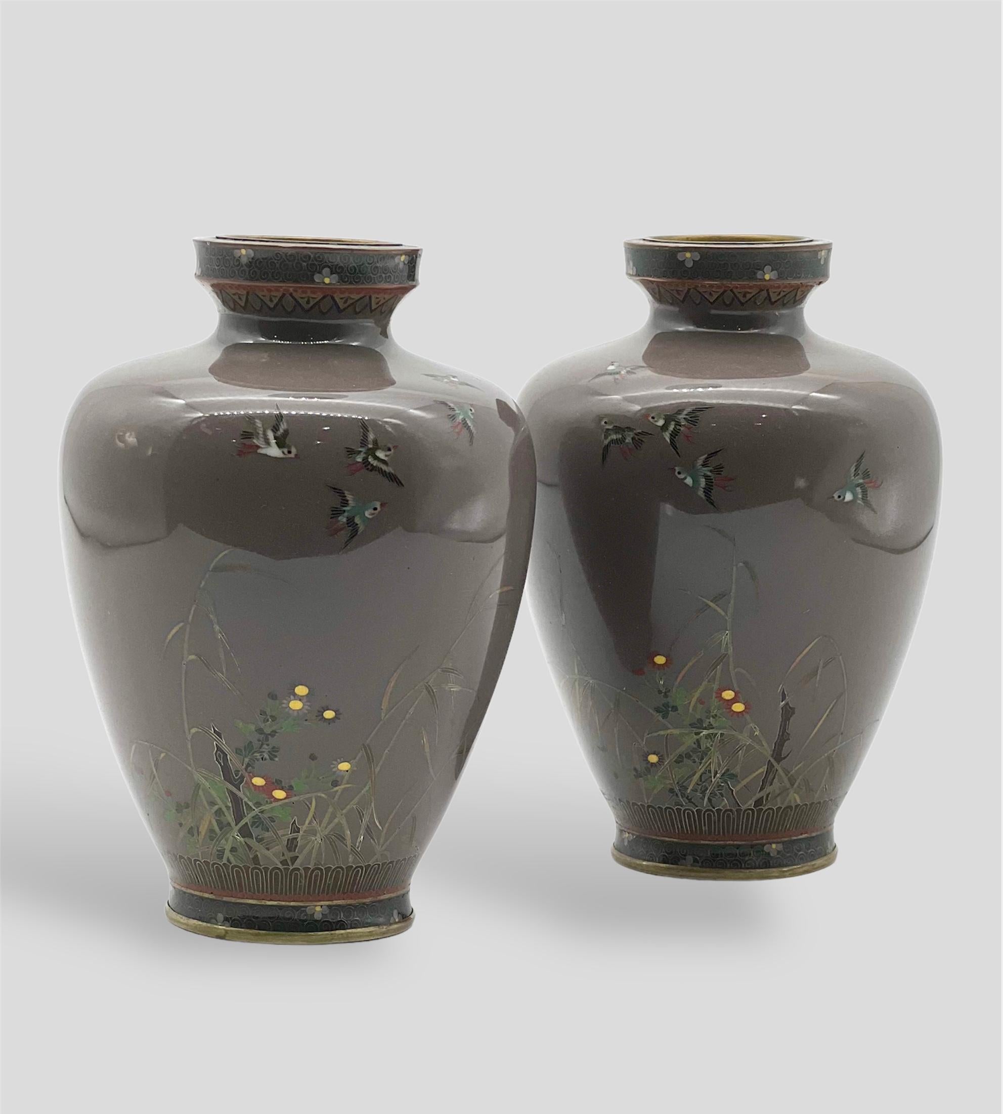 A Fine Pair of Japanese Cloisonne Enamel Vases Attributed to Hayashi Kodenji In Good Condition For Sale In London, GB