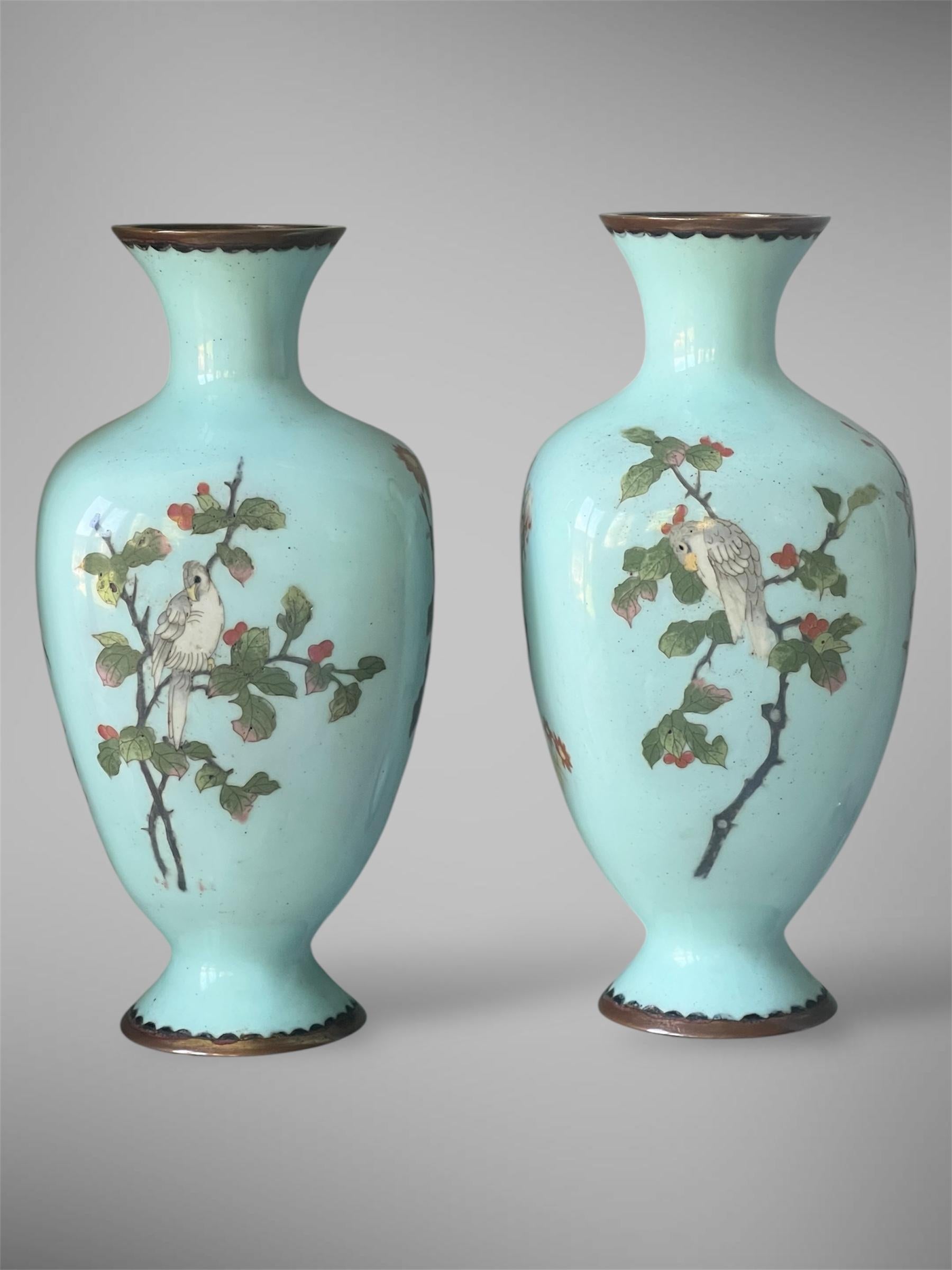 Coppia di vasi giapponesi in cloisonné ed anamello con rondini e pappagalli. 19° C. In condizioni buone in vendita a London, GB
