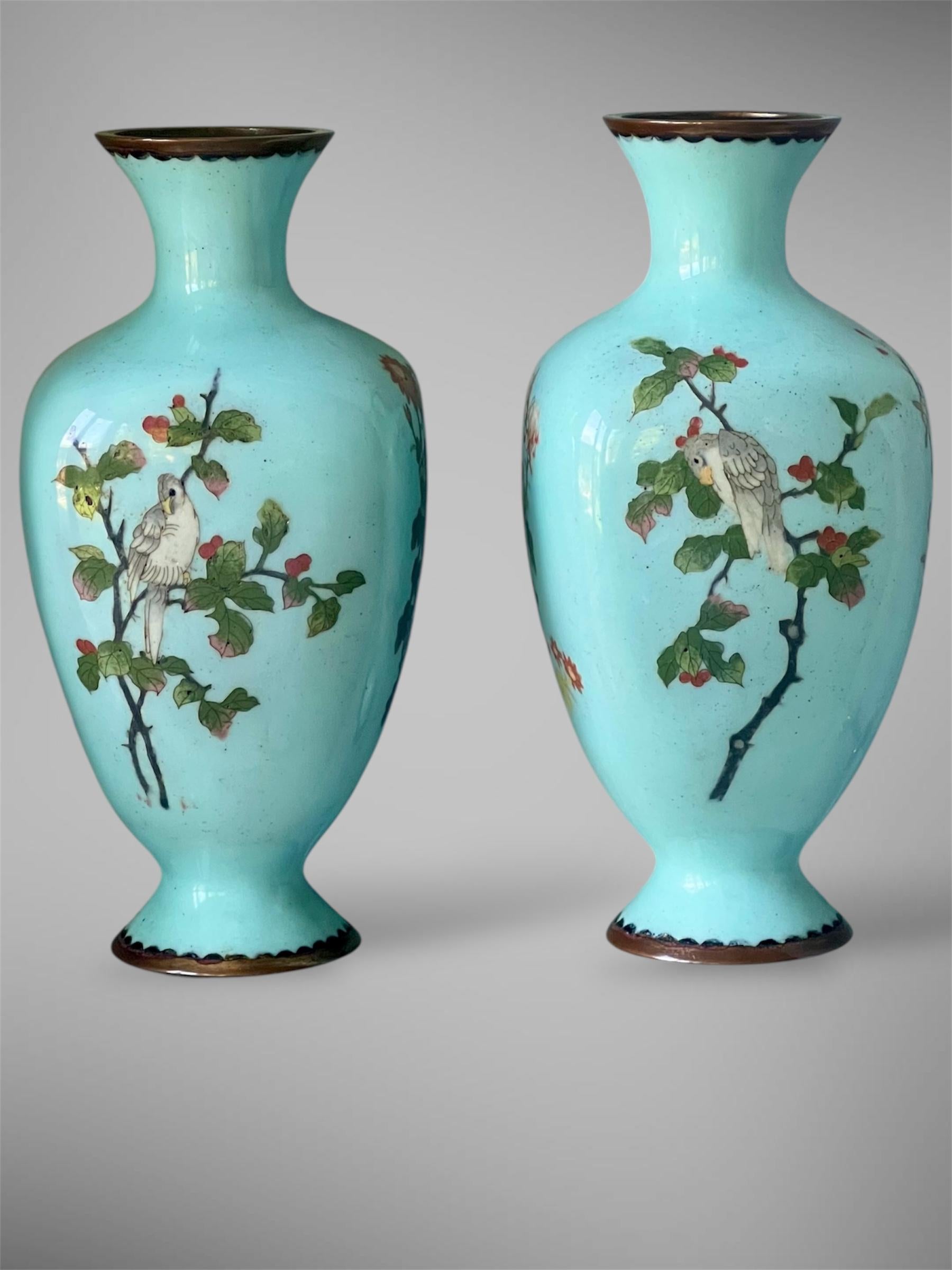 Coppia di vasi giapponesi in cloisonné ed anamello con rondini e pappagalli. 19° C. in vendita 1