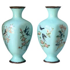 A Fine Pair of Japanese Cloisonné-Enamel Vases with Swallows and Parrots. 19th C A Fine Pair of Japanese Cloisonné-Enamel Vases with Swallows and Parrots. 19th C