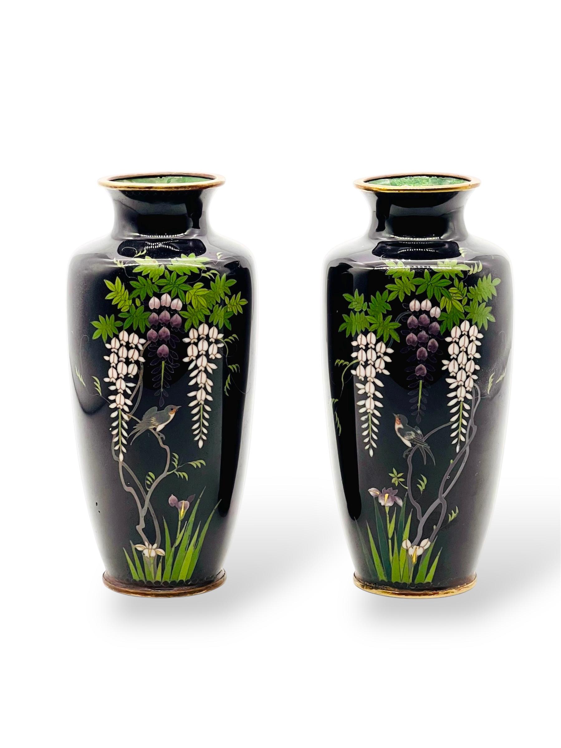 Fino par de jarrones glicinias japoneses de esmalte cloisonné. Era Meiji siglo XIX en venta