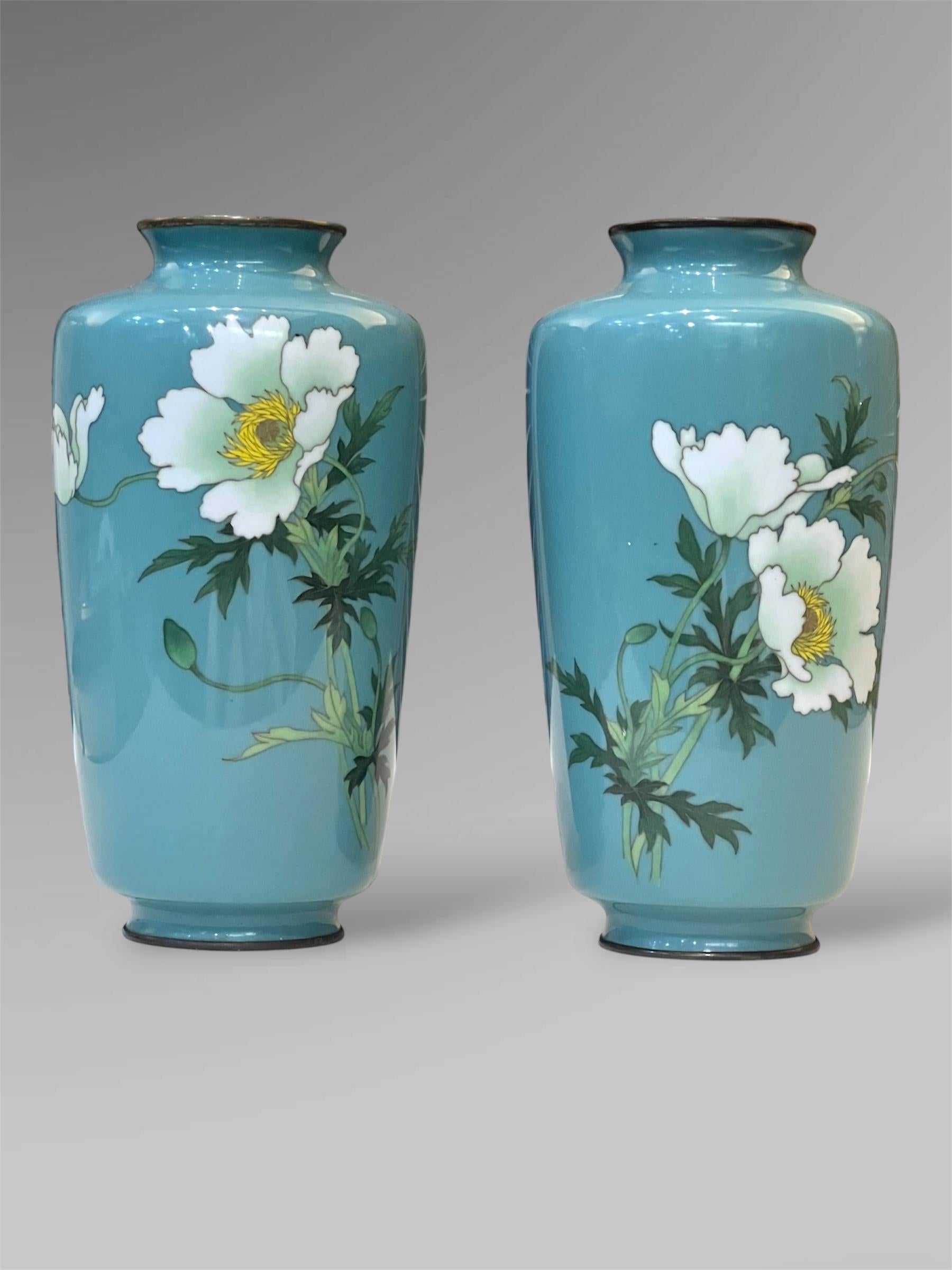 A Fine Pair of Japanese Cloisonné Vases with White Peonies by Ando 4