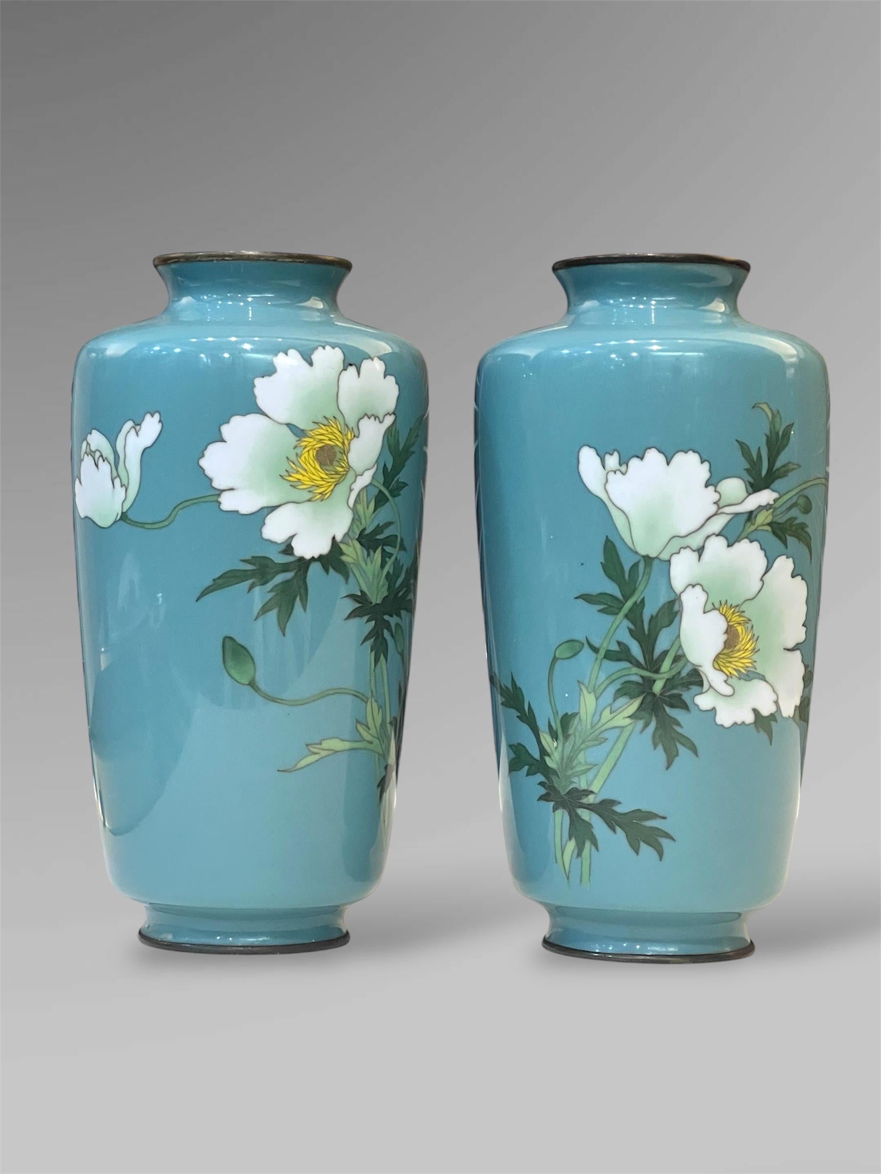 A Fine Pair of Japanese Cloisonné Vases with White Peonies by Ando 11