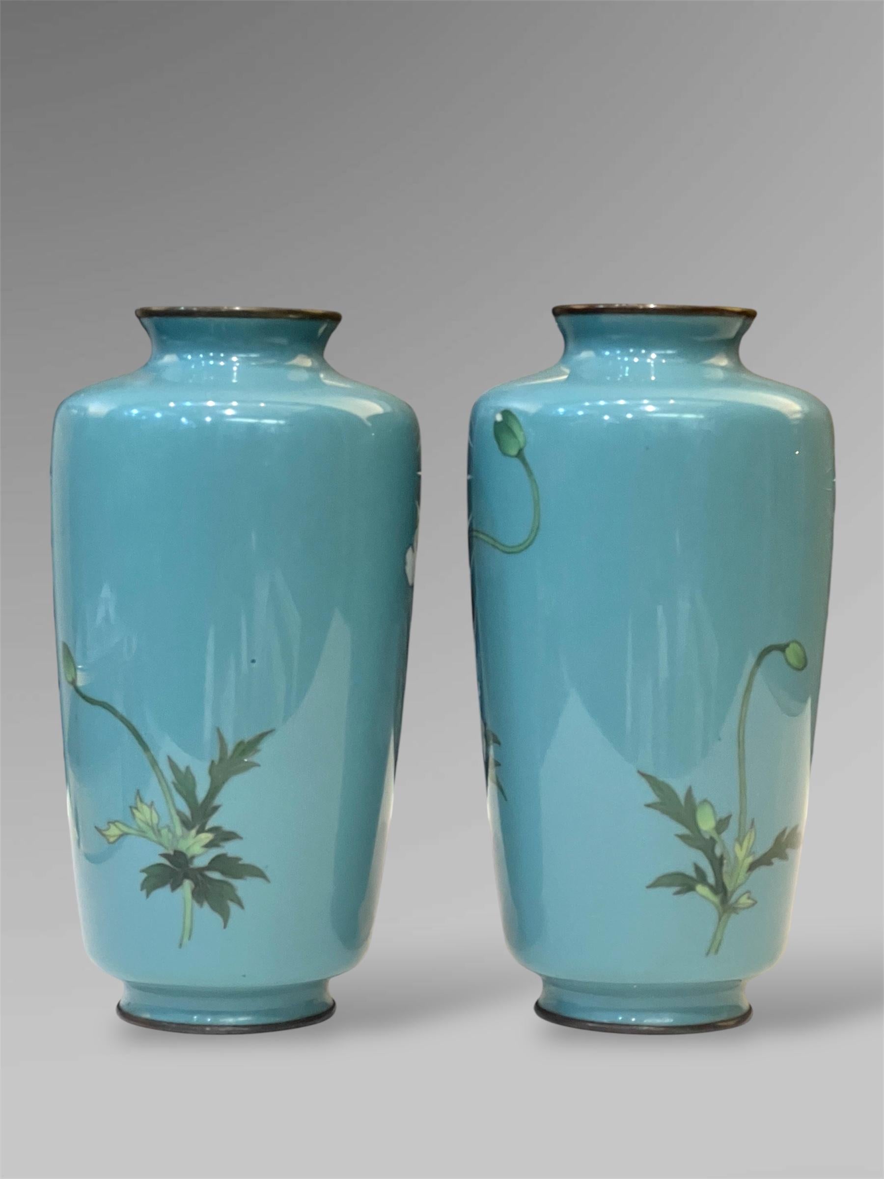 A Fine Pair of Japanese Cloisonné Vases with White Peonies by Ando 14