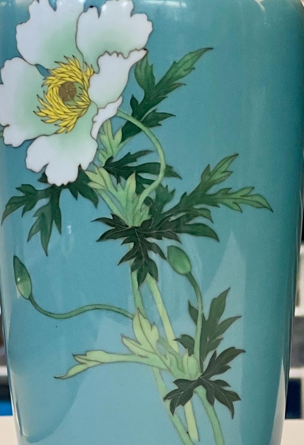 Cloissoné A Fine Pair of Japanese Cloisonné Vases with White Peonies by Ando