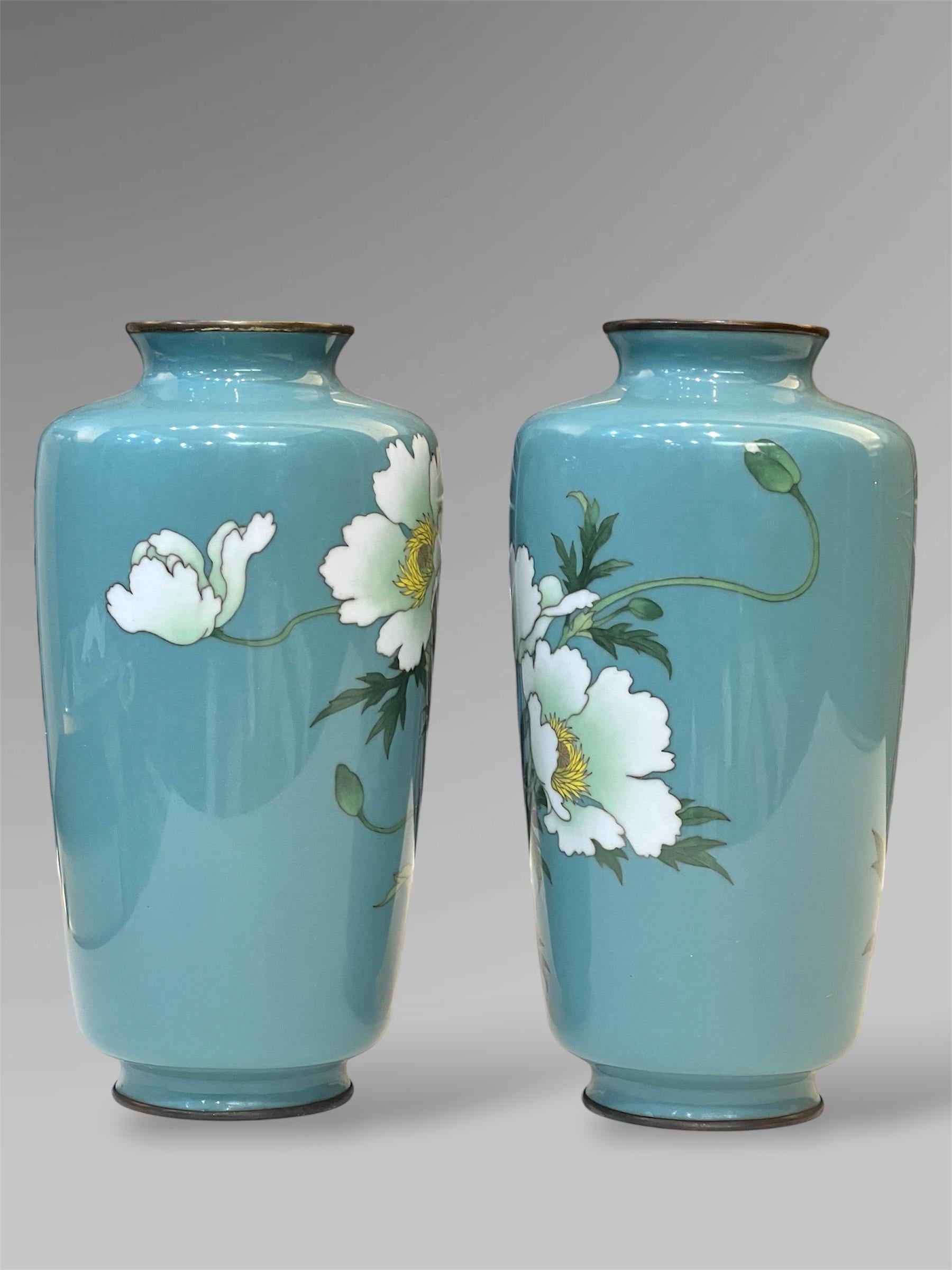 19th Century A Fine Pair of Japanese Cloisonné Vases with White Peonies by Ando